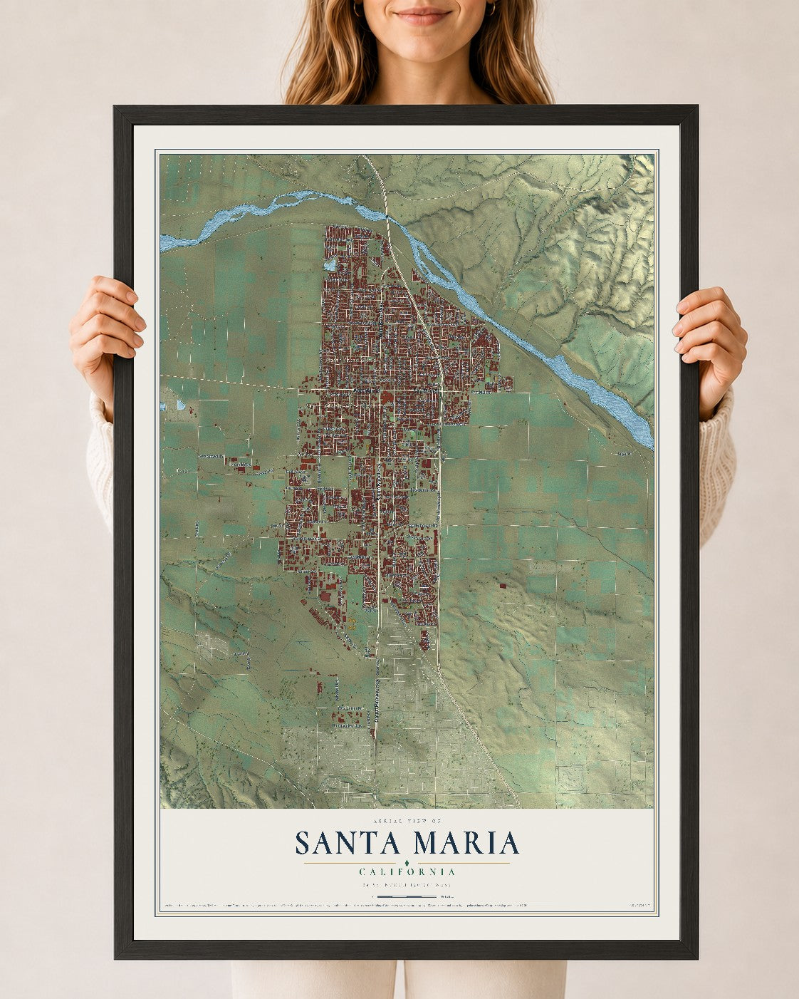 Map of Santa Maria, California, 24 x 36 inch print in a black wood frame