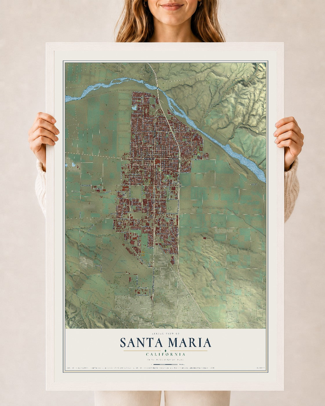 Map of Santa Maria, California, 24 x 36 inch print in a white wood frame
