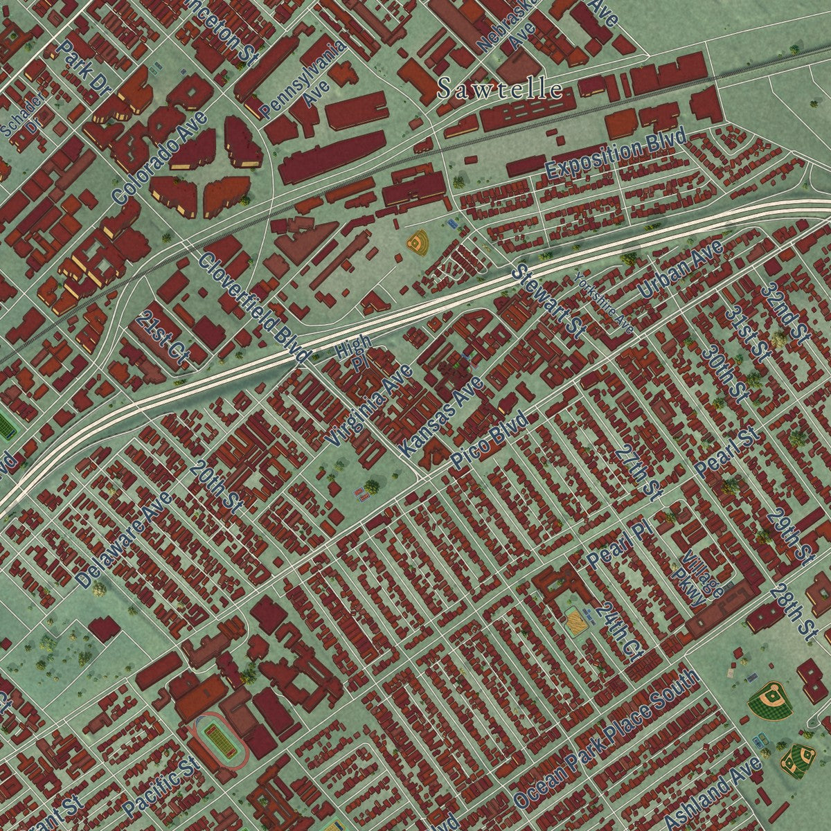 Second close-up of the map of Santa Monica, California print showing more streets and buildings