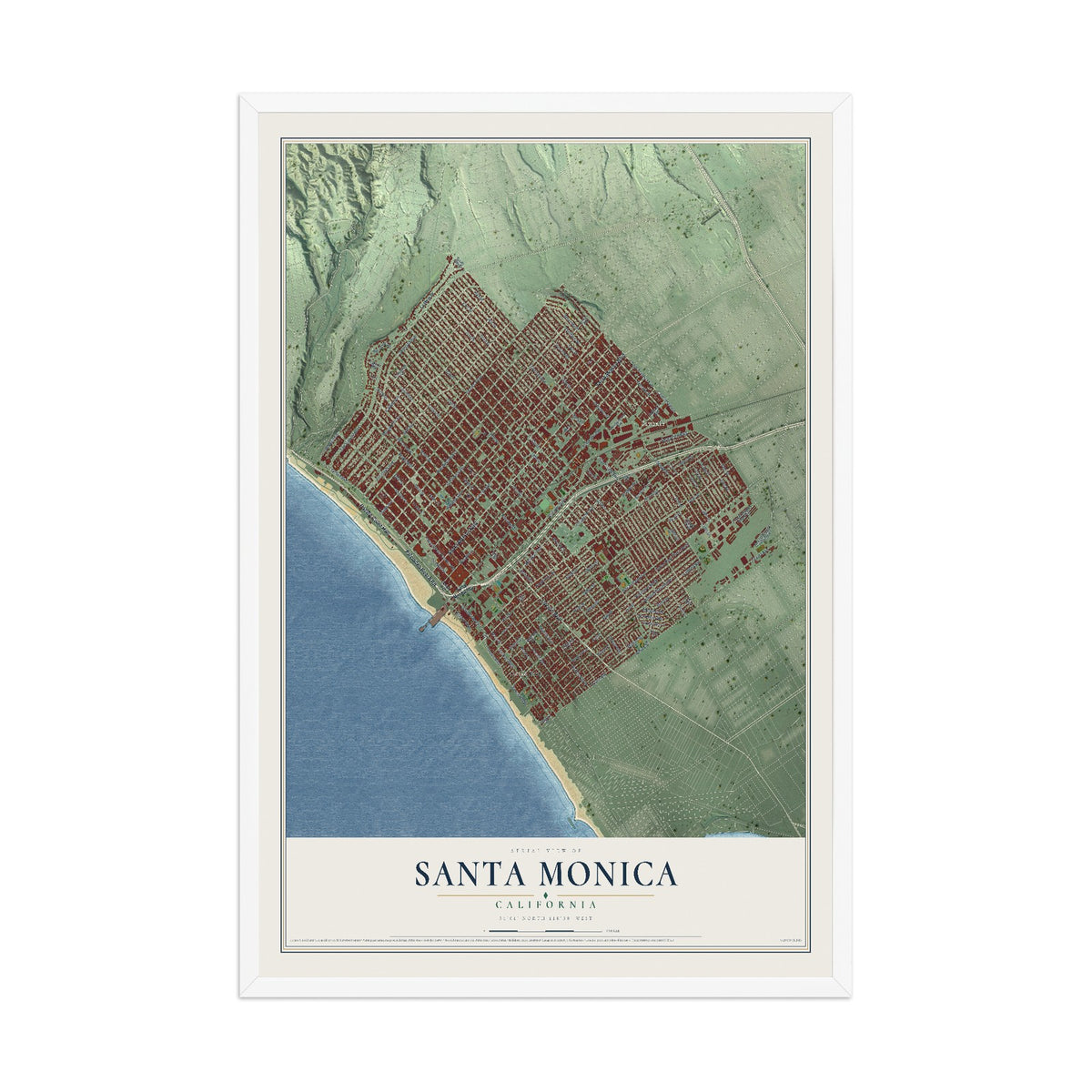 Map of Santa Monica, California, 12 x 18 inch print in a white wood frame