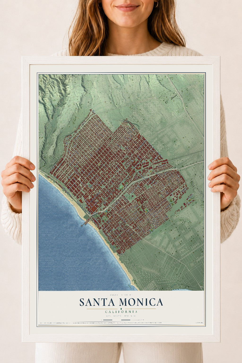 Map of Santa Monica, California, 18 x 24 inch print in a white wood frame