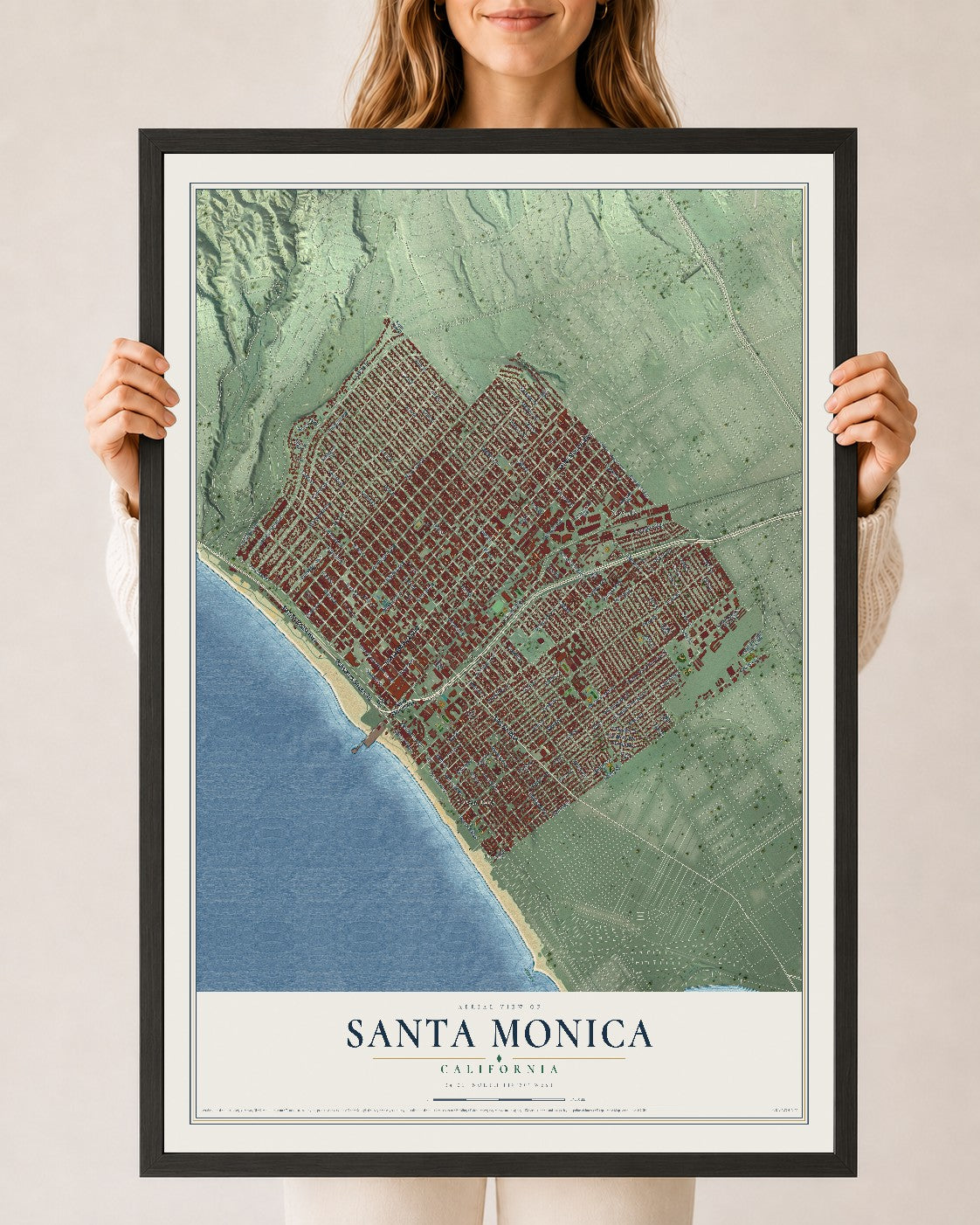 Map of Santa Monica, California, 24 x 36 inch print in a black wood frame
