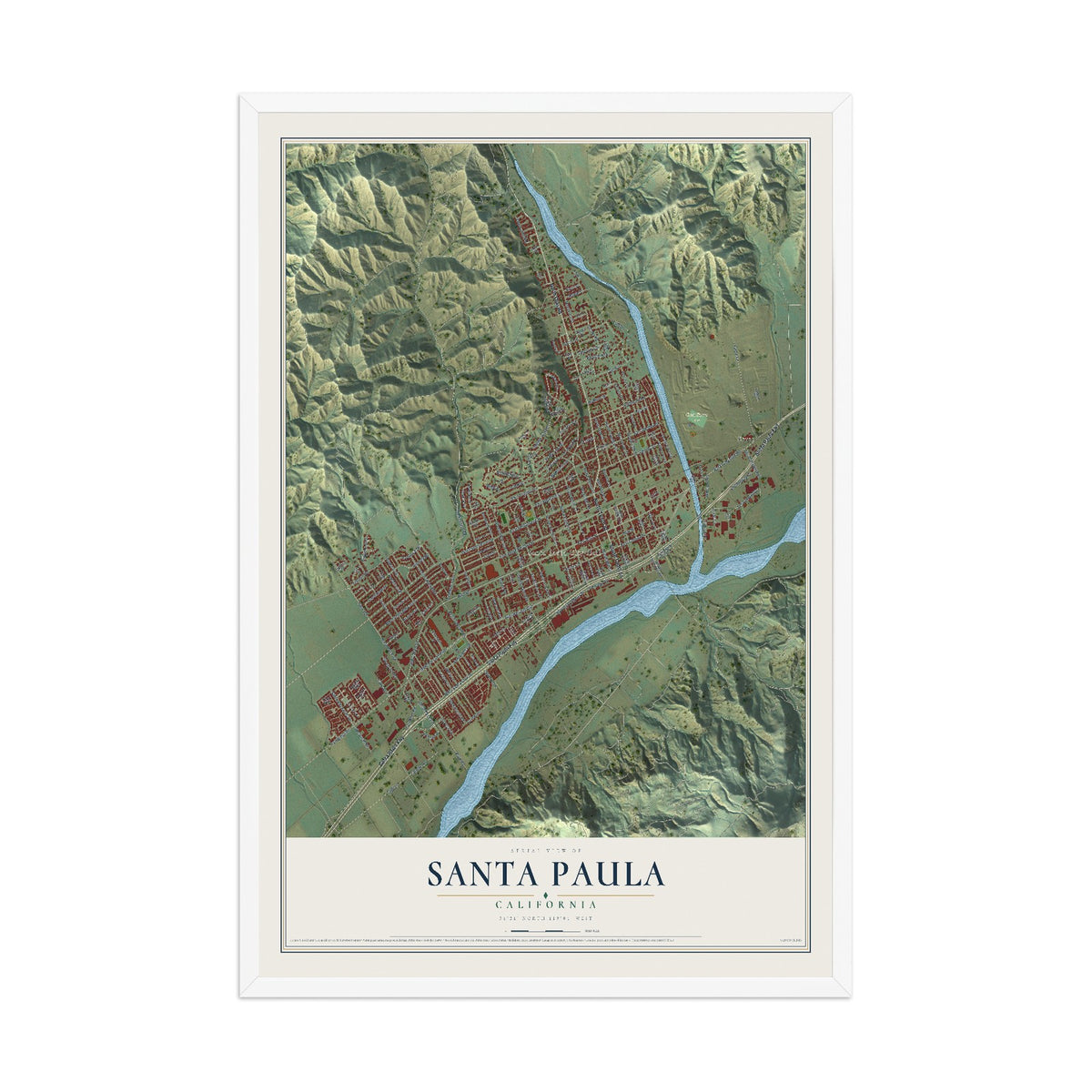 Map of Santa Paula, California, 12 x 18 inch print in a white wood frame