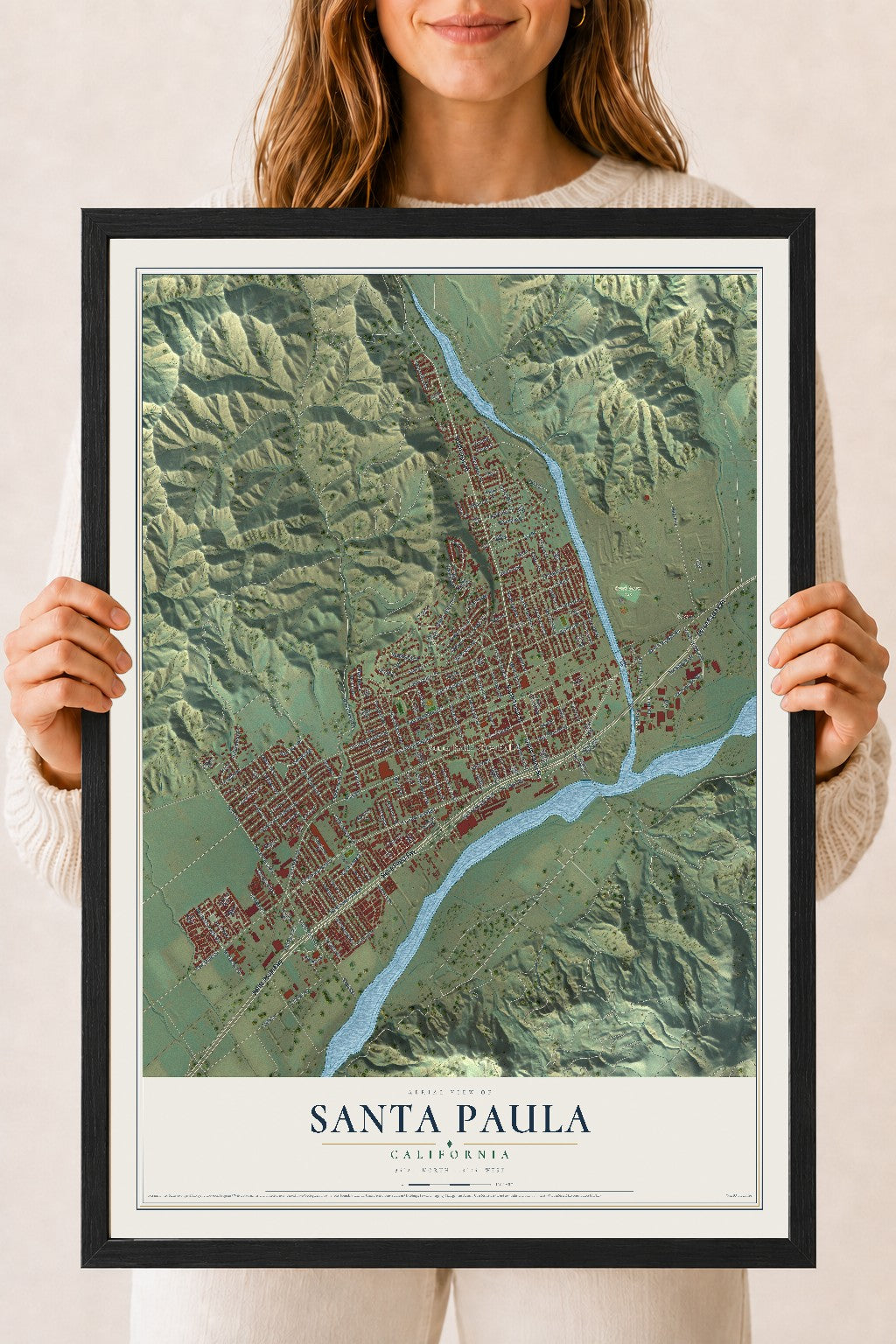 Map of Santa Paula, California, 18 x 24 inch print in a black wood frame