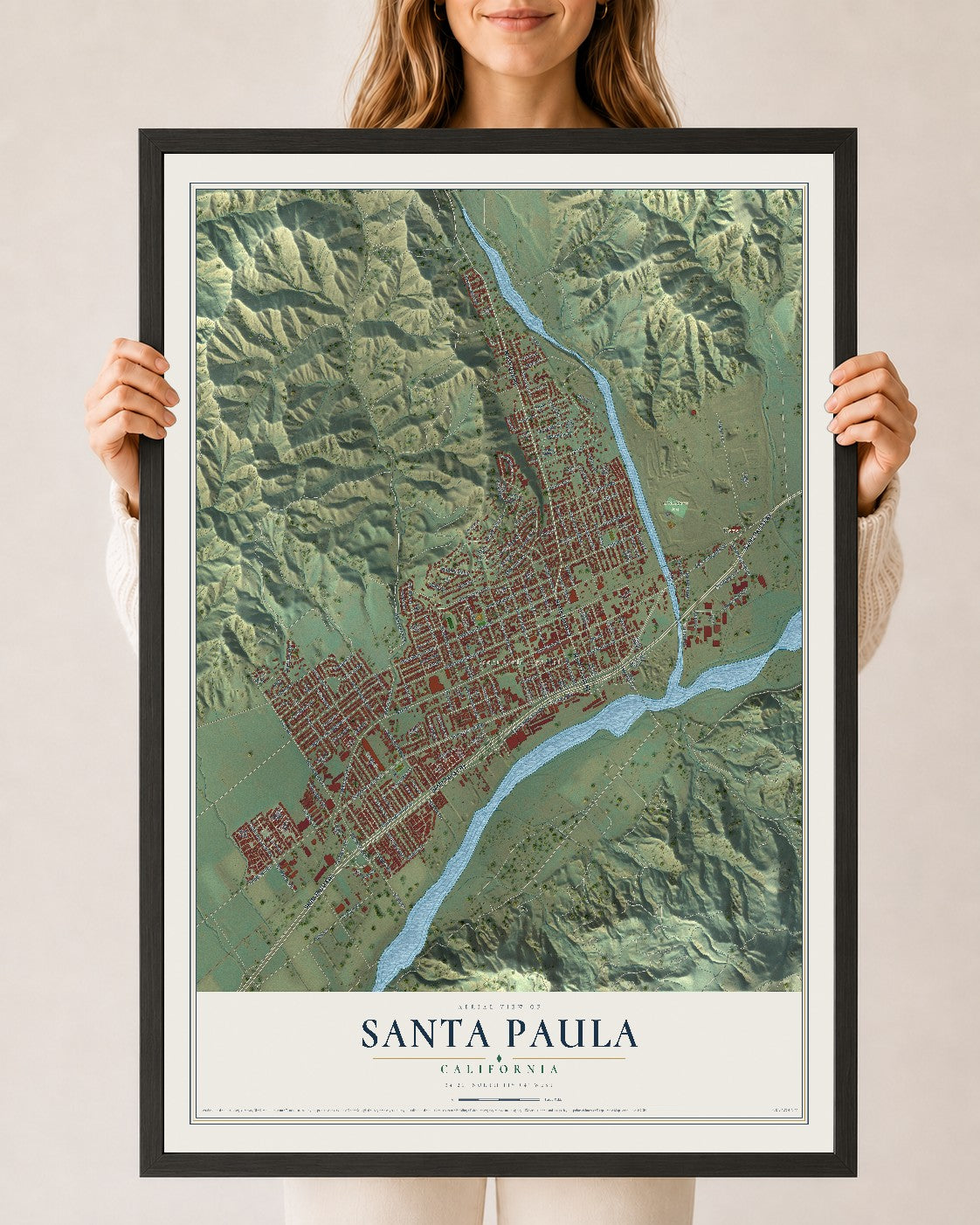 Map of Santa Paula, California, 24 x 36 inch print in a black wood frame