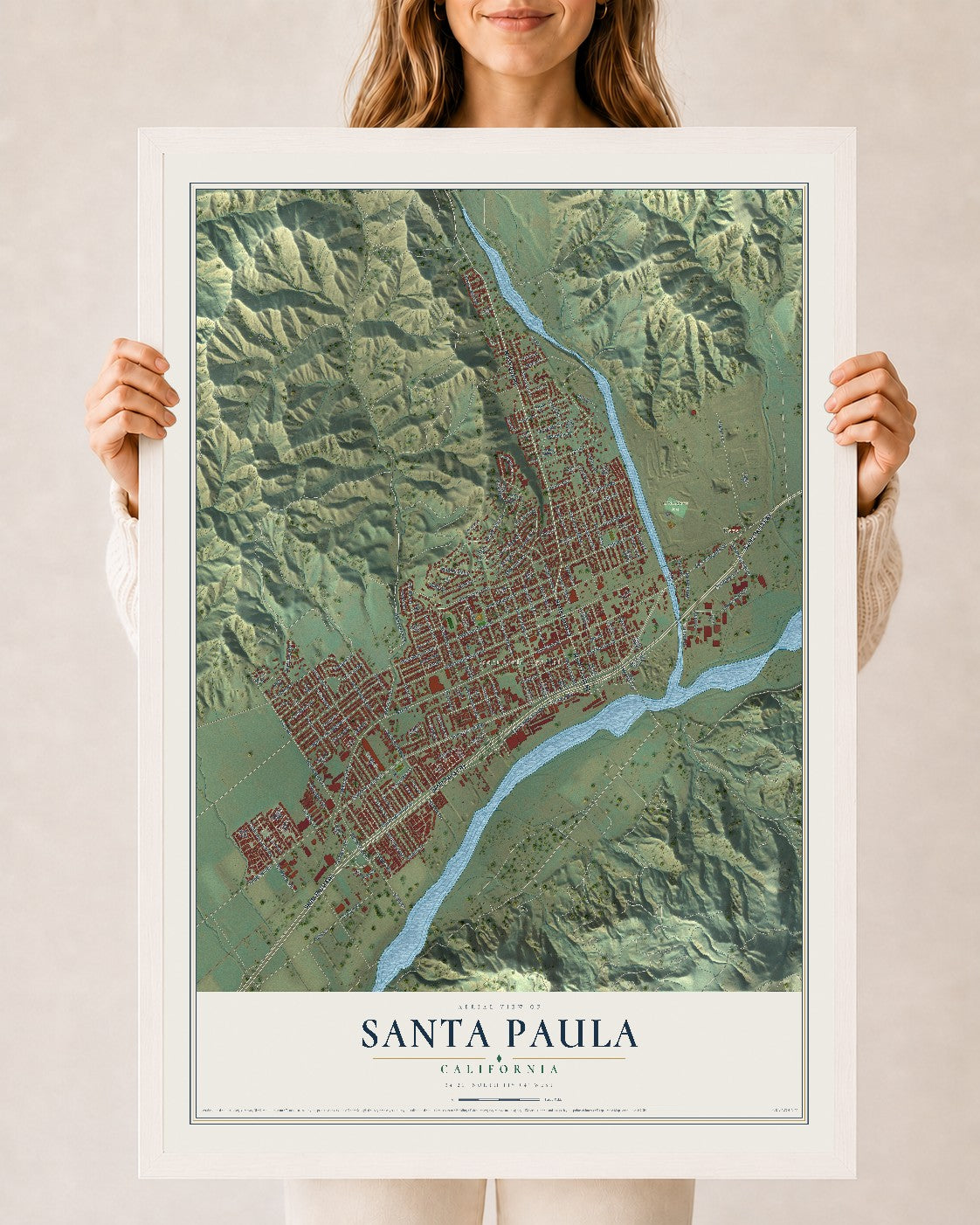 Map of Santa Paula, California, 24 x 36 inch print in a white wood frame