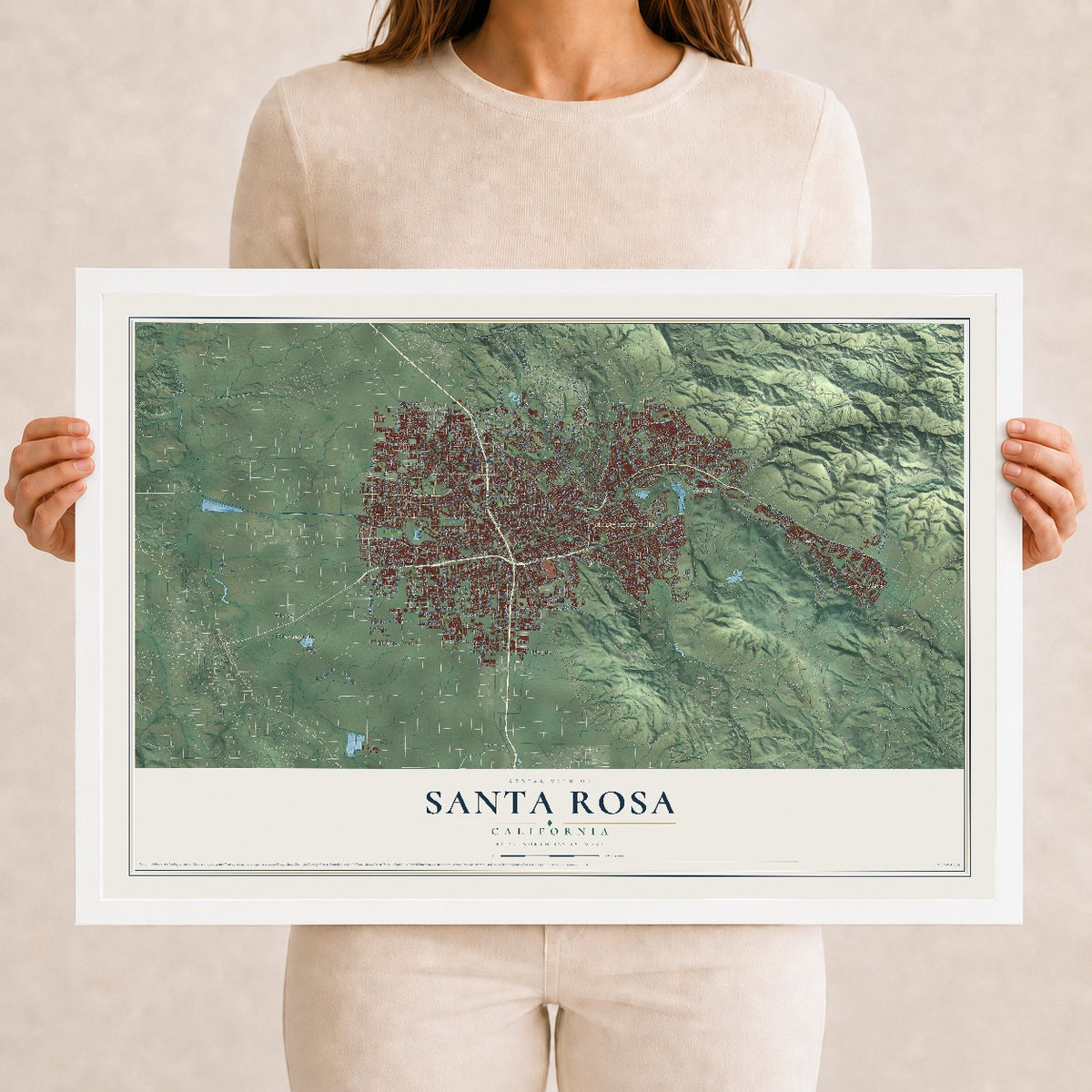 Map of Santa Rosa, California, 12 x 18 inch print in a white wood frame
