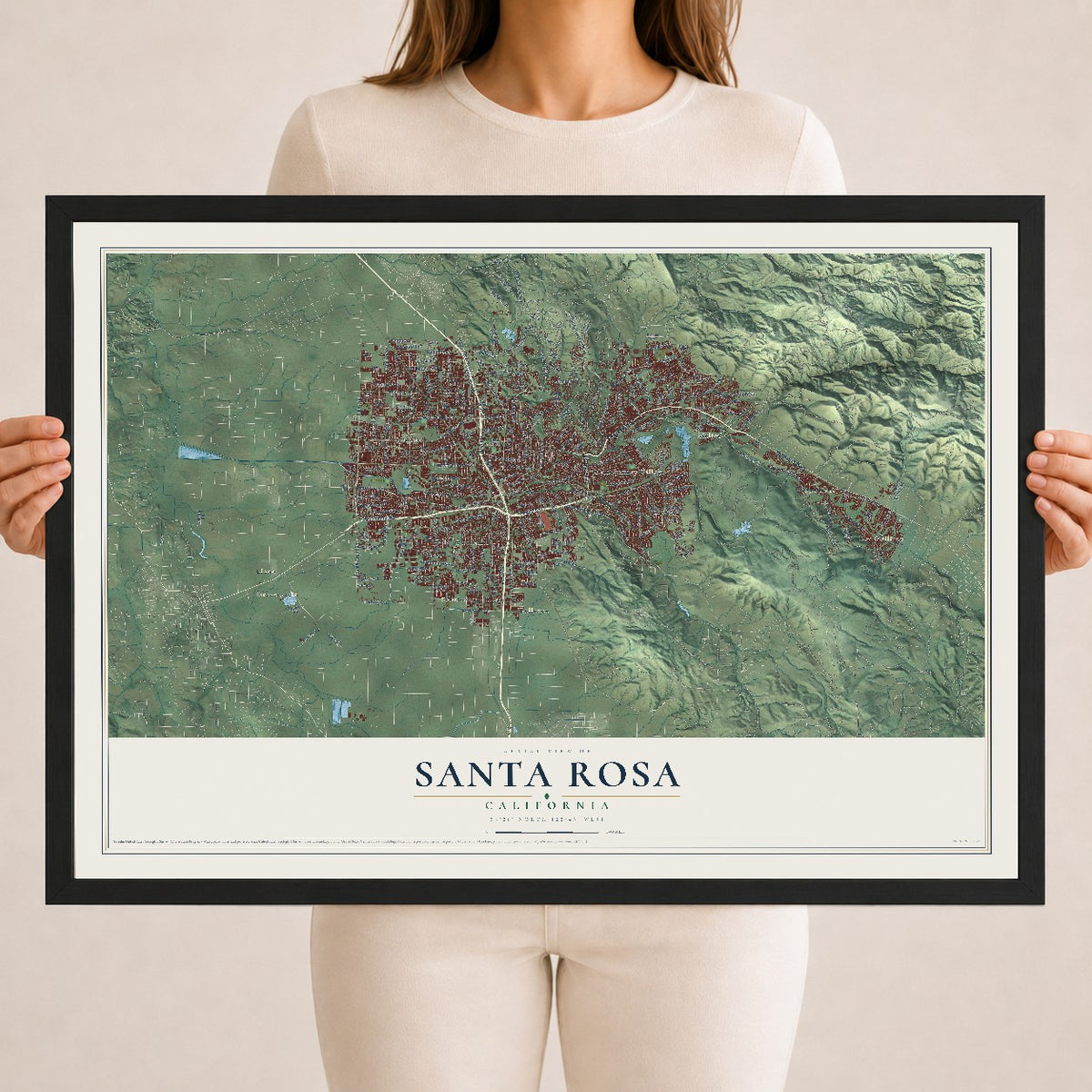Map of Santa Rosa, California, 18 x 24 inch print in a black wood frame