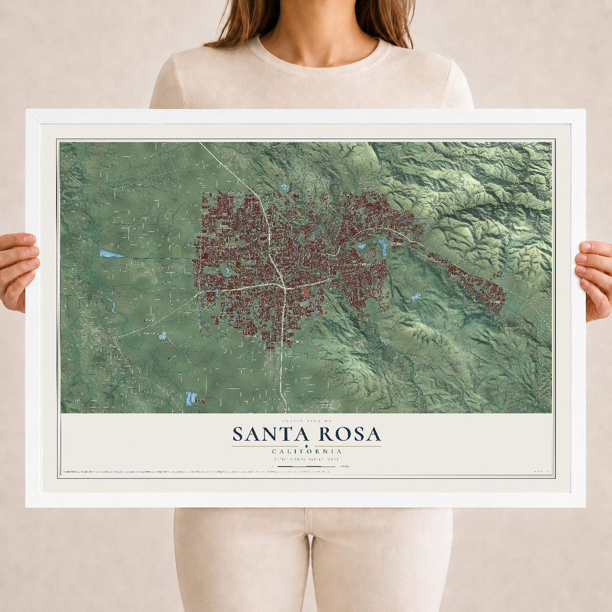 Map of Santa Rosa, California, 18 x 24 inch print in a white wood frame