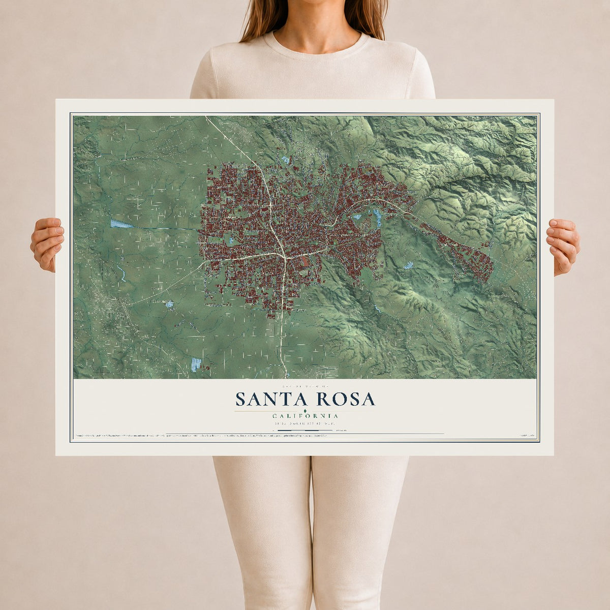 Map of Santa Rosa, California, 24 x 36 inch unframed archival matte print