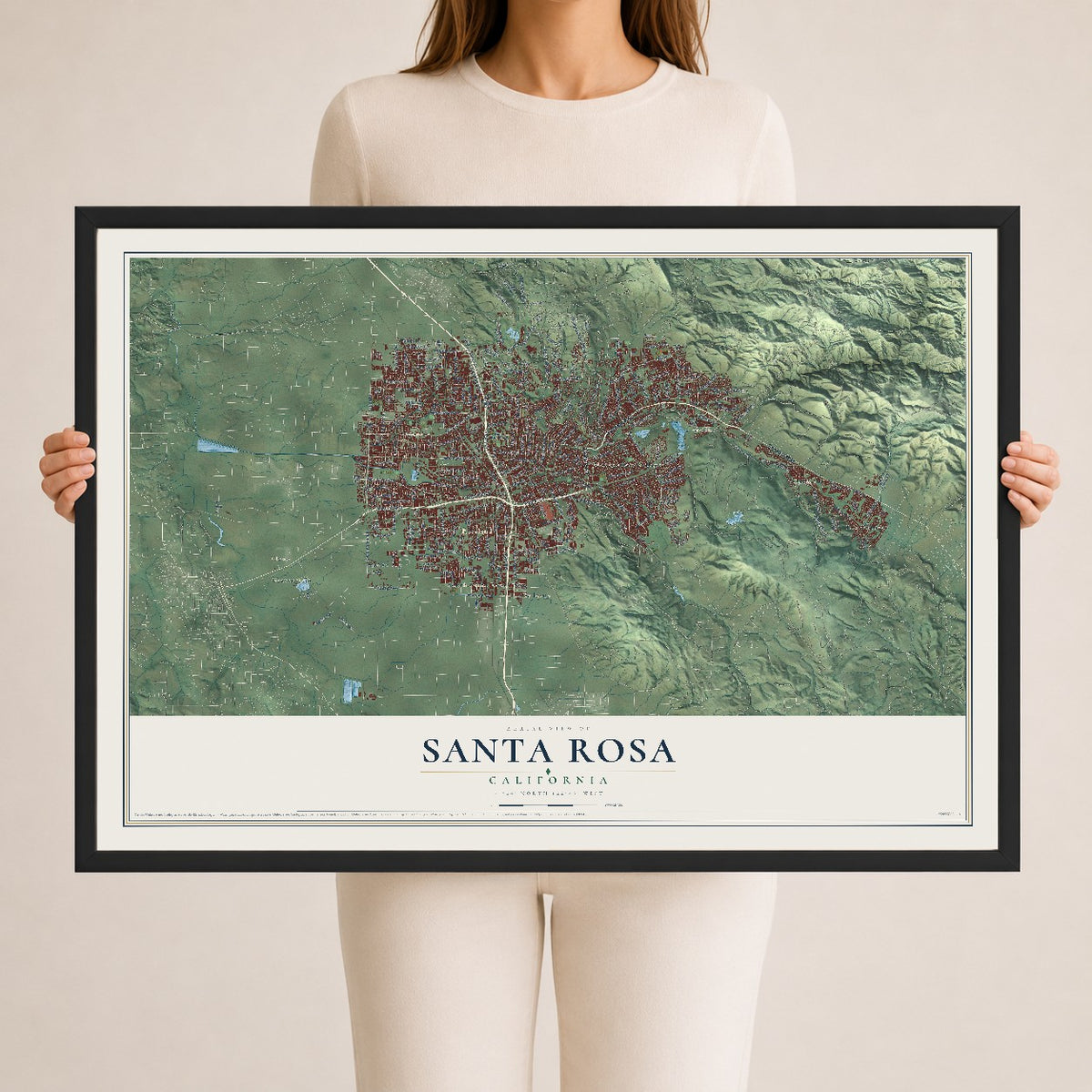 Map of Santa Rosa, California, 24 x 36 inch print in a black wood frame