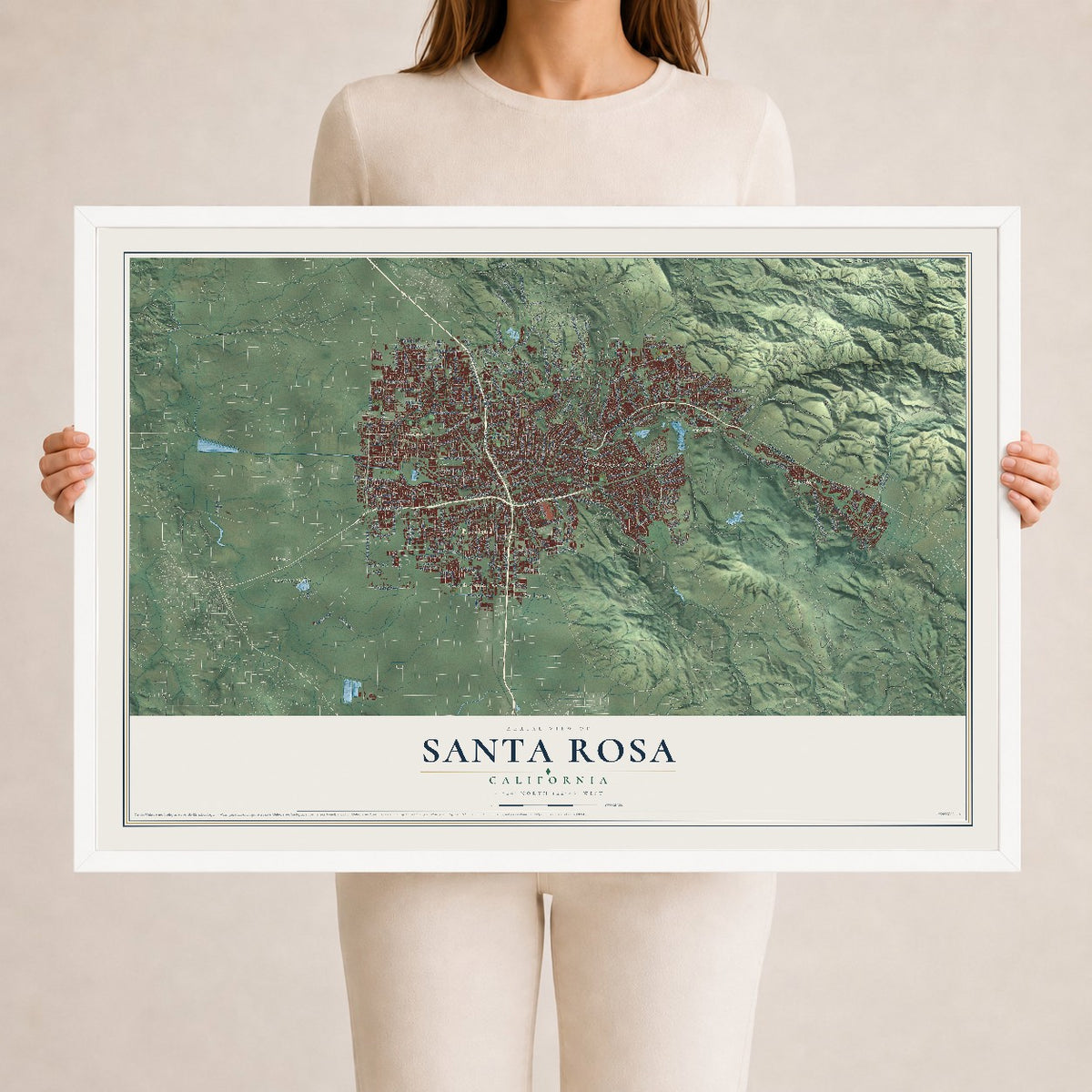 Map of Santa Rosa, California, 24 x 36 inch print in a white wood frame