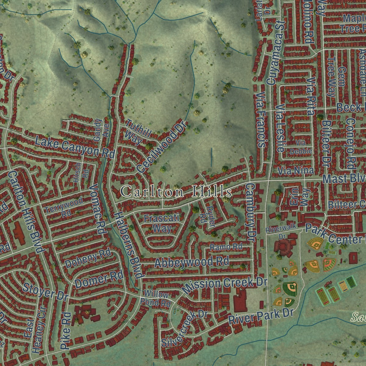 Second close-up of the map of Santee, California print showing more streets and buildings