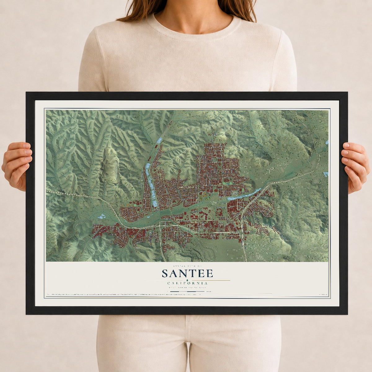 Map of Santee, California, 12 x 18 inch print in a black wood frame