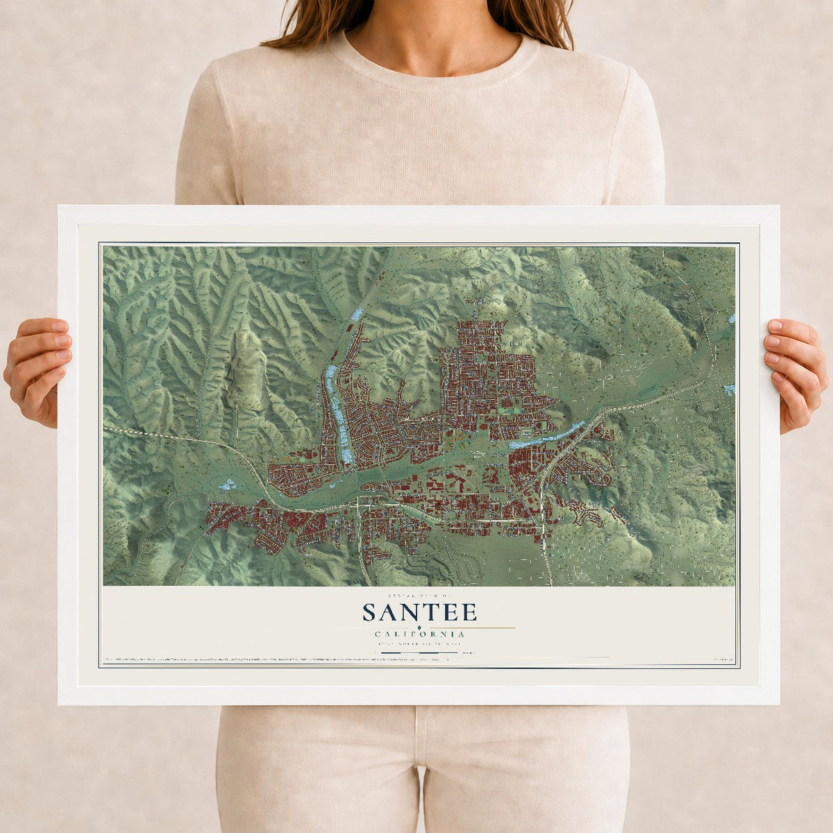 Map of Santee, California, 12 x 18 inch print in a white wood frame