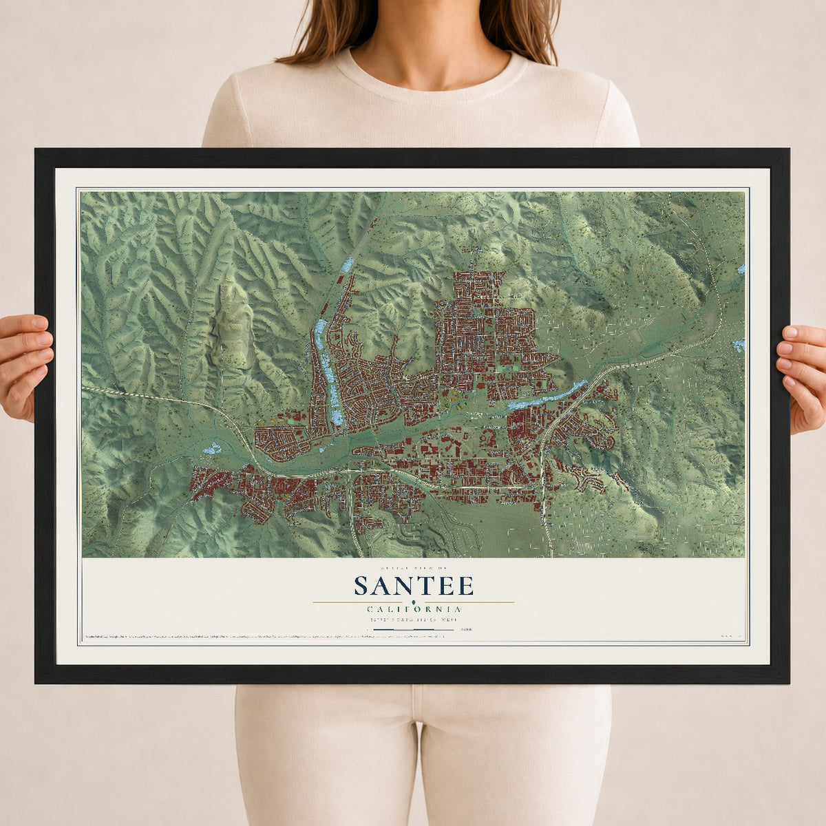 Map of Santee, California, 18 x 24 inch print in a black wood frame