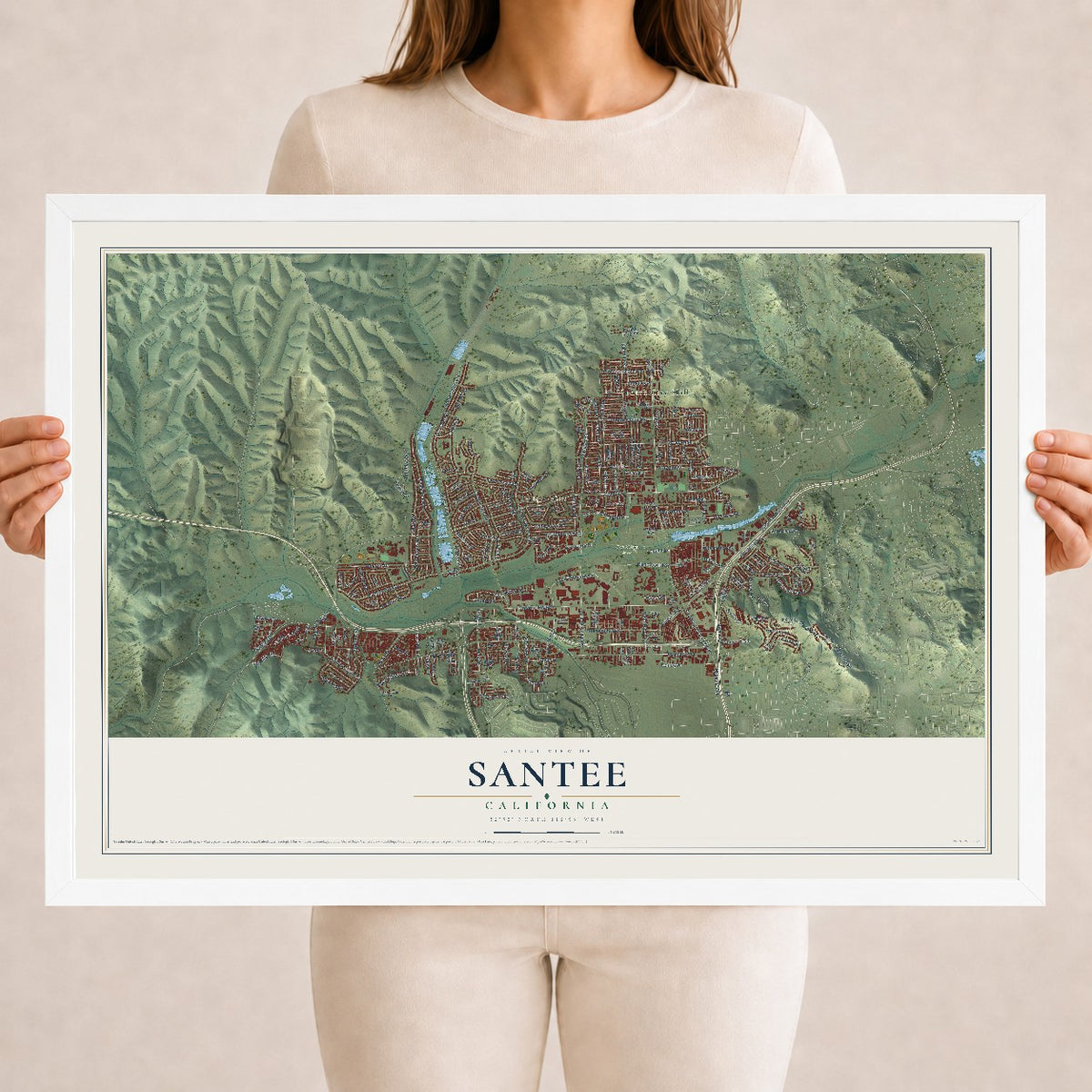 Map of Santee, California, 18 x 24 inch print in a white wood frame