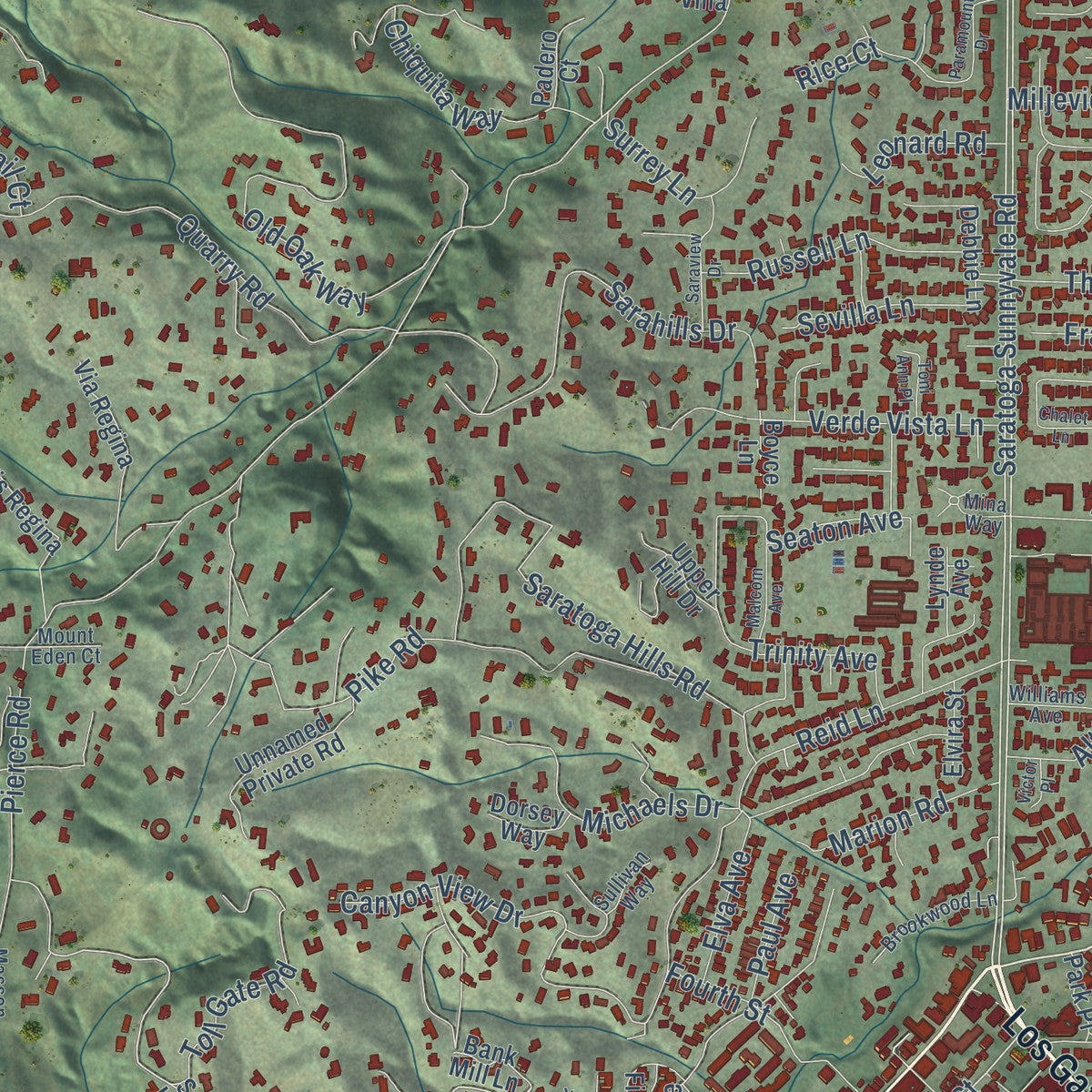 Second close-up of the map of Saratoga, California print showing more streets and buildings