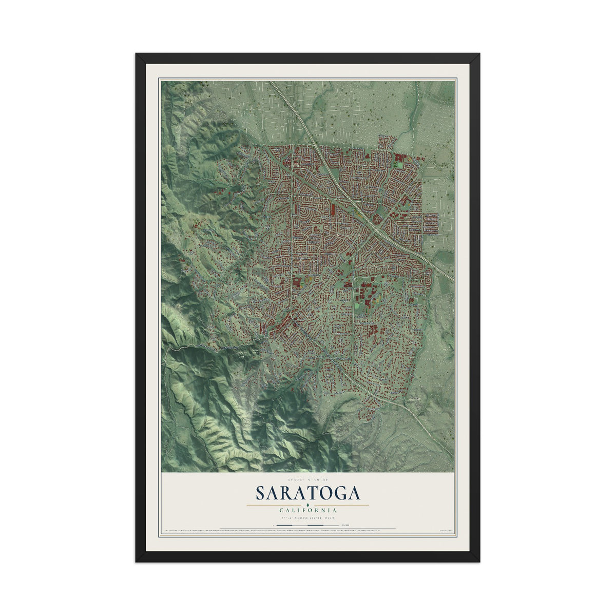 Map of Saratoga, California, 12 x 18 inch print in a black wood frame