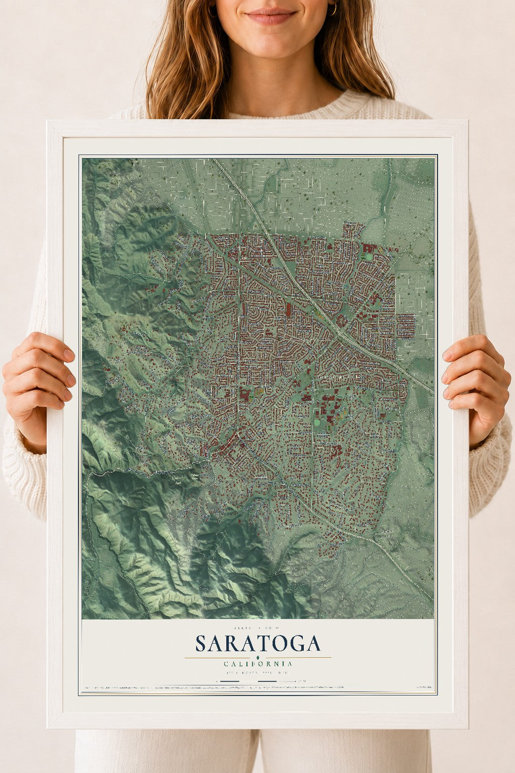 Map of Saratoga, California, 18 x 24 inch print in a white wood frame