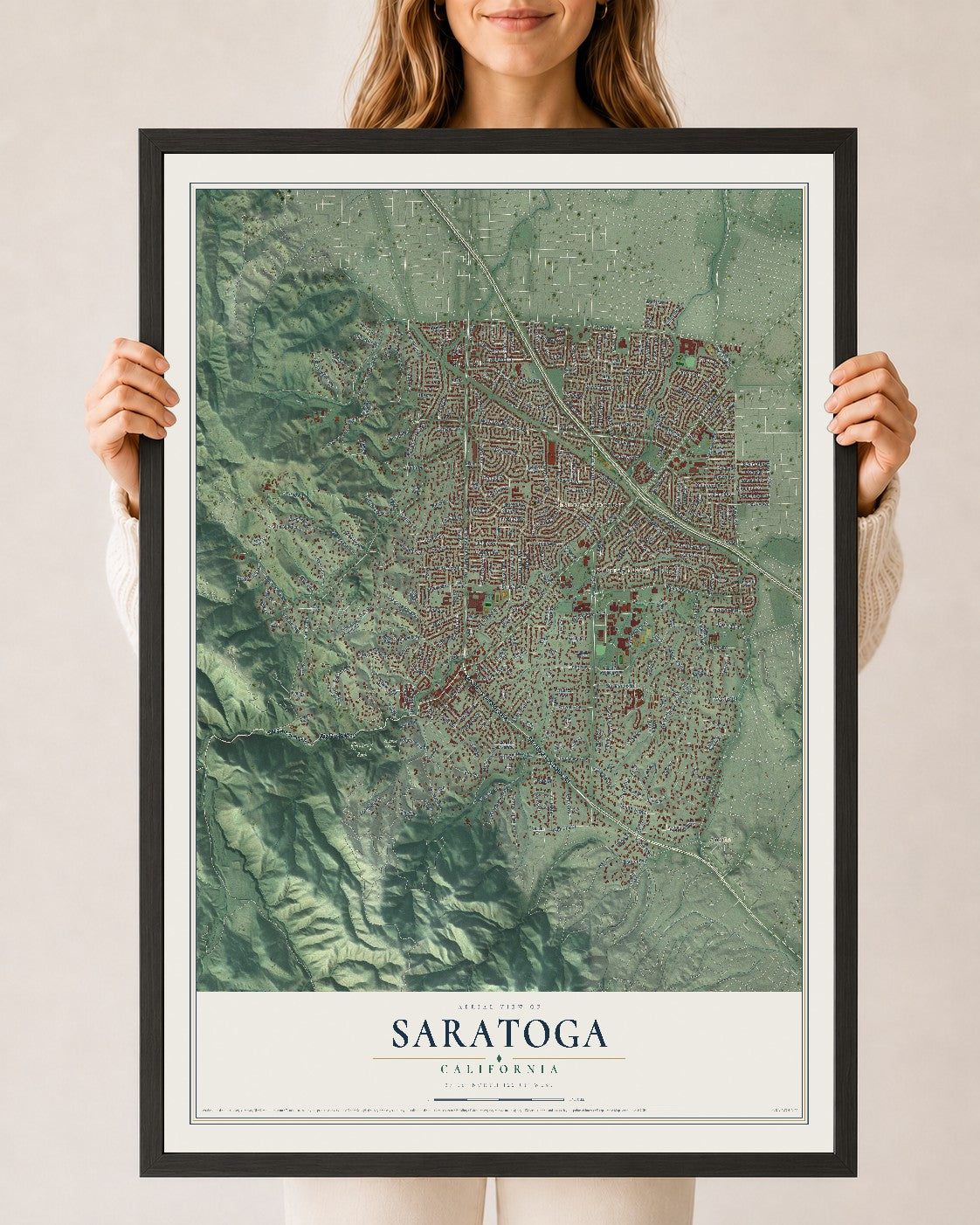 Map of Saratoga, California, 24 x 36 inch print in a black wood frame