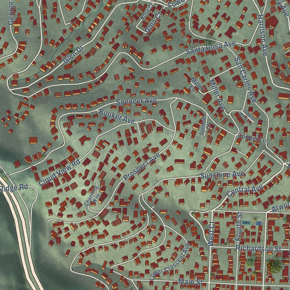 Close-up of the map of Sausalito, California print showing street and building detail