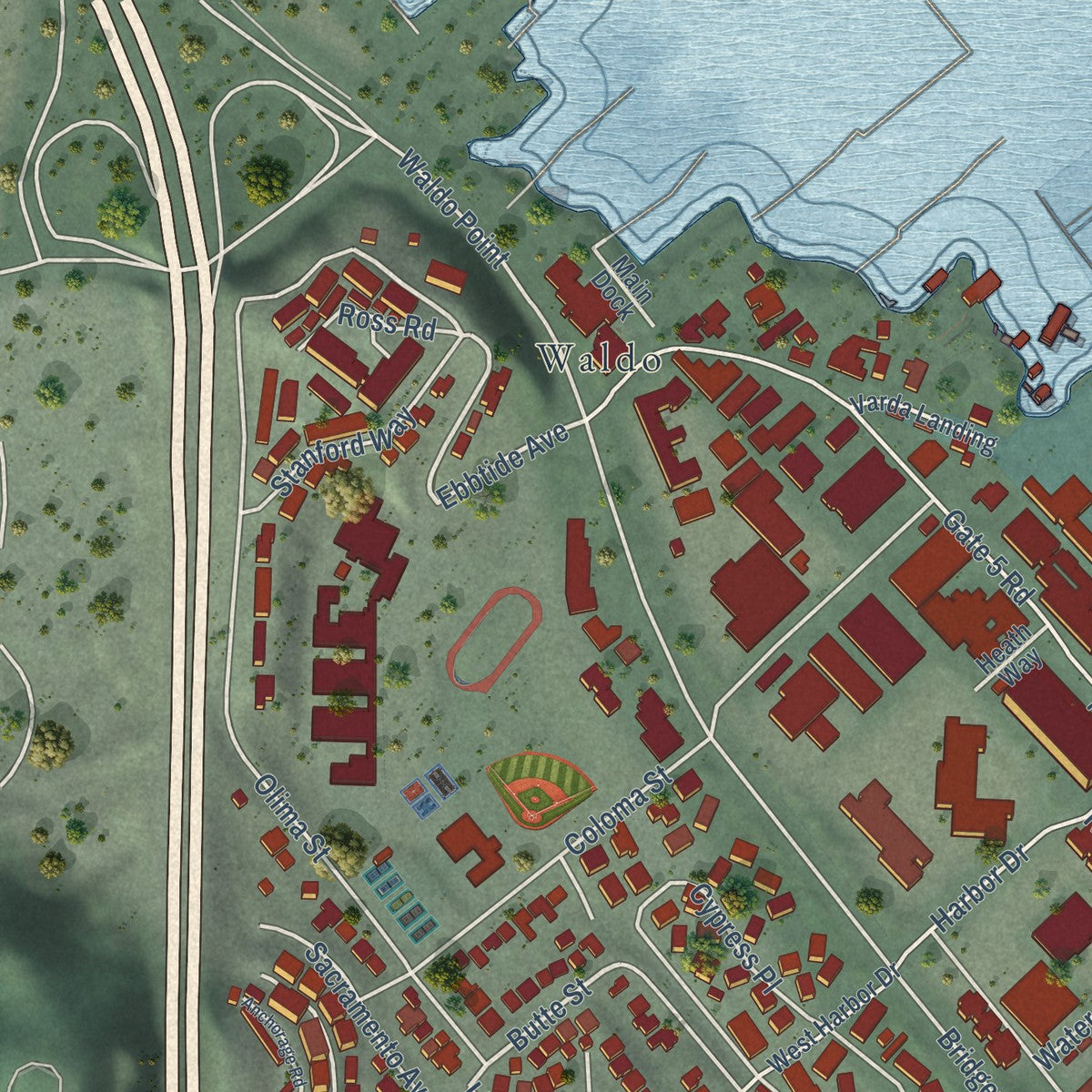 Second close-up of the map of Sausalito, California print showing more streets and buildings