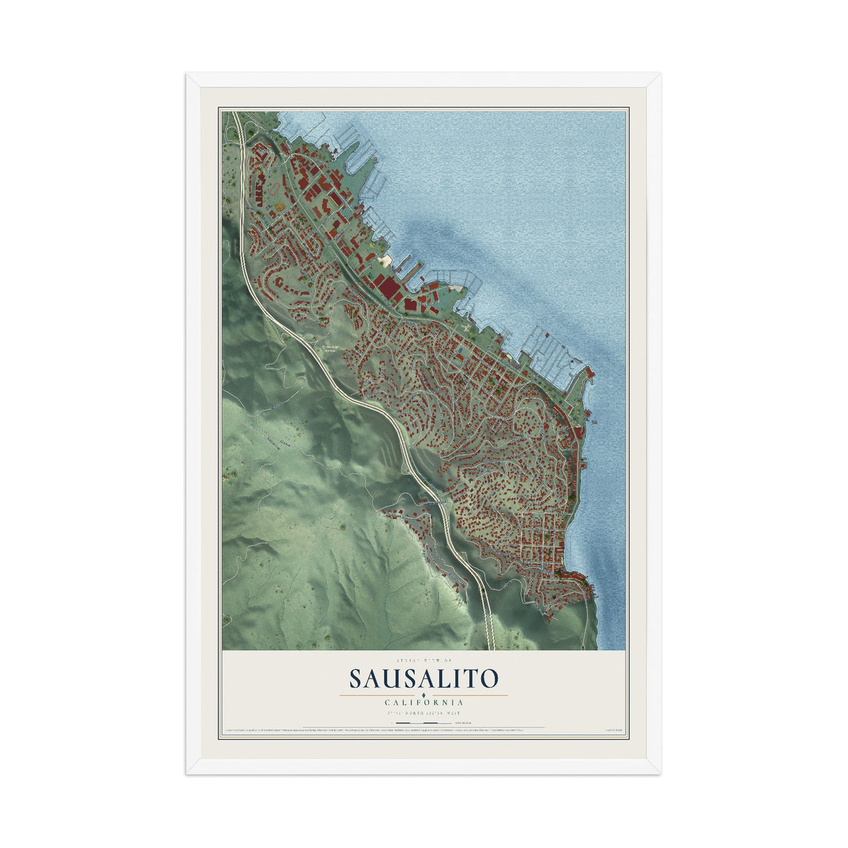 Map of Sausalito, California, 12 x 18 inch print in a white wood frame