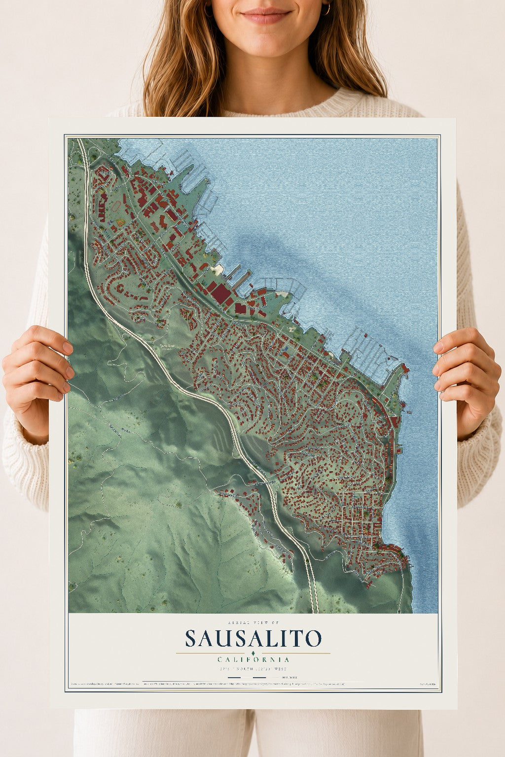 Map of Sausalito, California, 18 x 24 inch unframed archival matte print