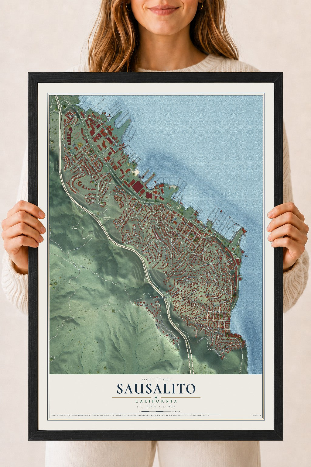Map of Sausalito, California, 18 x 24 inch print in a black wood frame