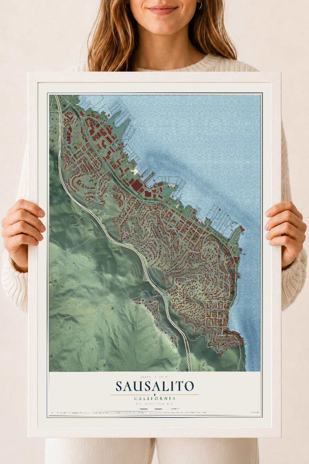 Map of Sausalito, California, 18 x 24 inch print in a white wood frame