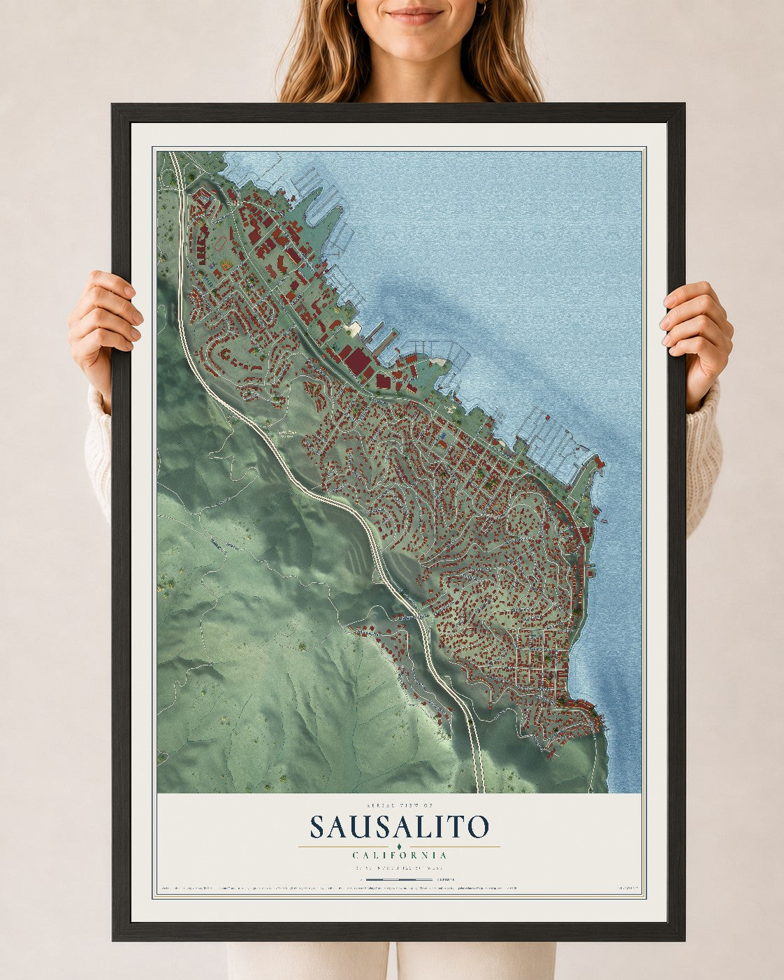 Map of Sausalito, California, 24 x 36 inch print in a black wood frame