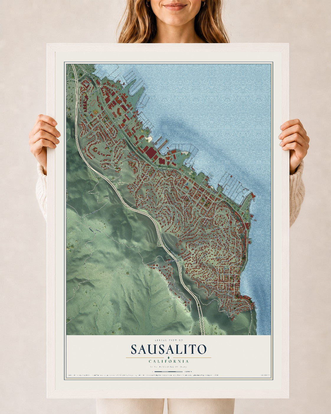 Map of Sausalito, California, 24 x 36 inch print in a white wood frame