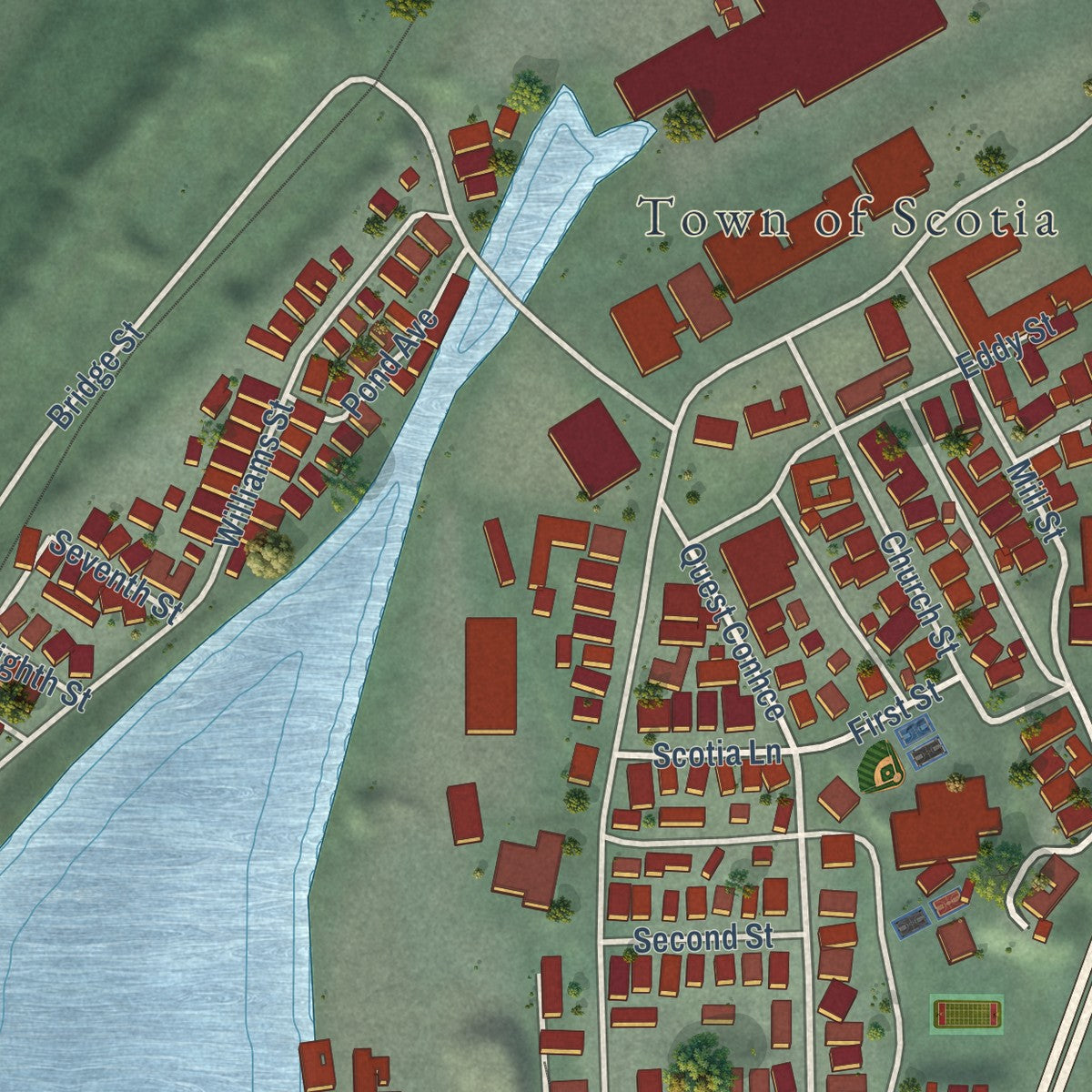Close-up of the map of Scotia, California print showing street and building detail