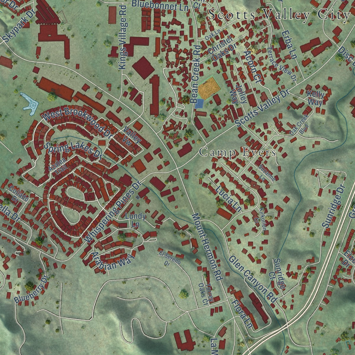 Second close-up of the map of Scotts Valley, California print showing more streets and buildings