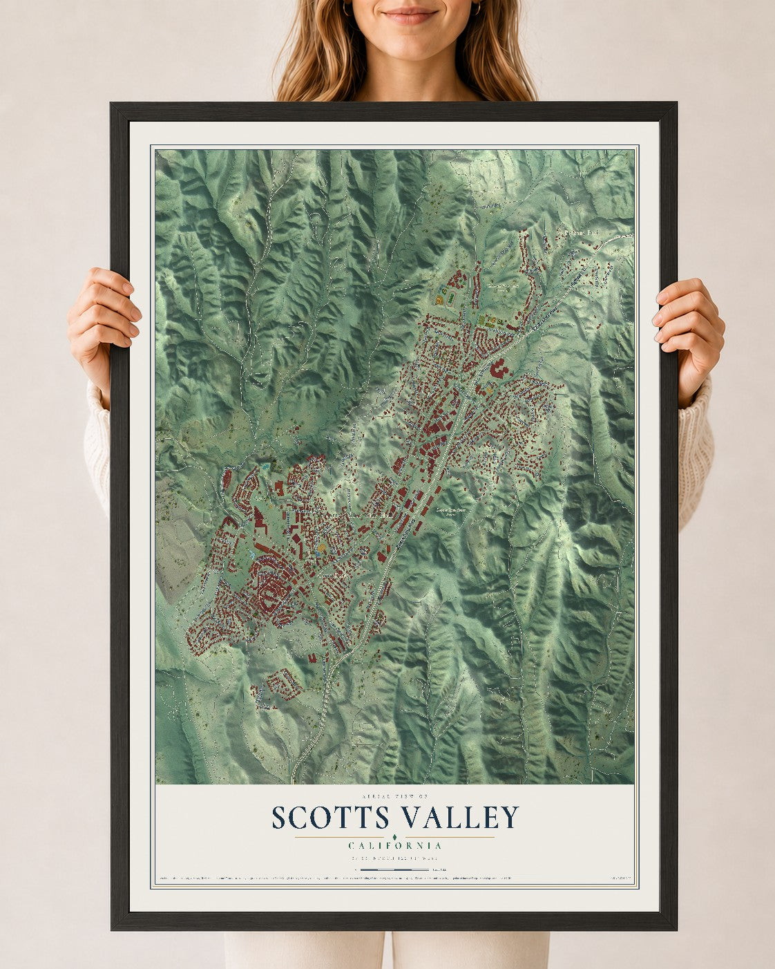 Map of Scotts Valley, California, 24 x 36 inch print in a black wood frame