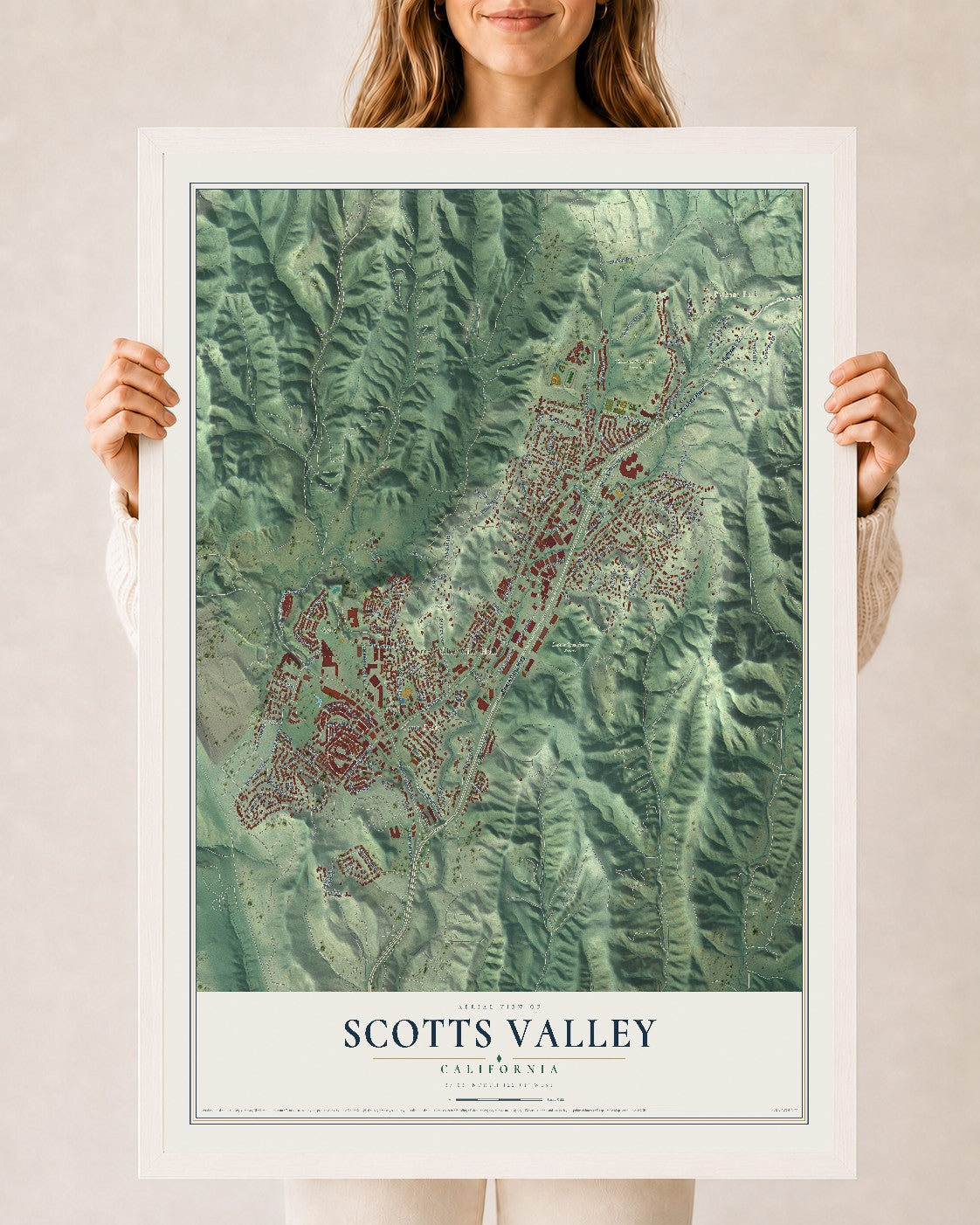 Map of Scotts Valley, California, 24 x 36 inch print in a white wood frame