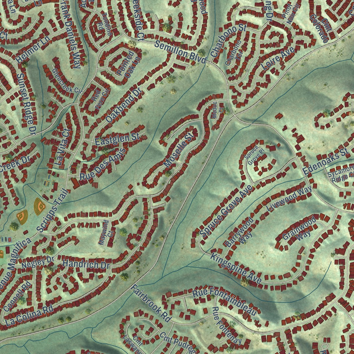 Close-up of the map of Scripps Miramar Ranch, California print showing street and building detail