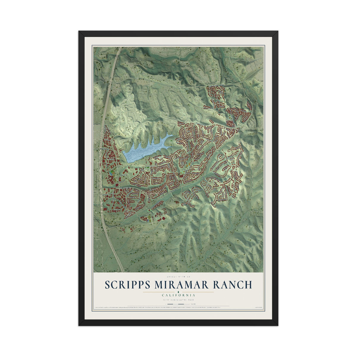 Map of Scripps Miramar Ranch, California, 12 x 18 inch print in a black wood frame