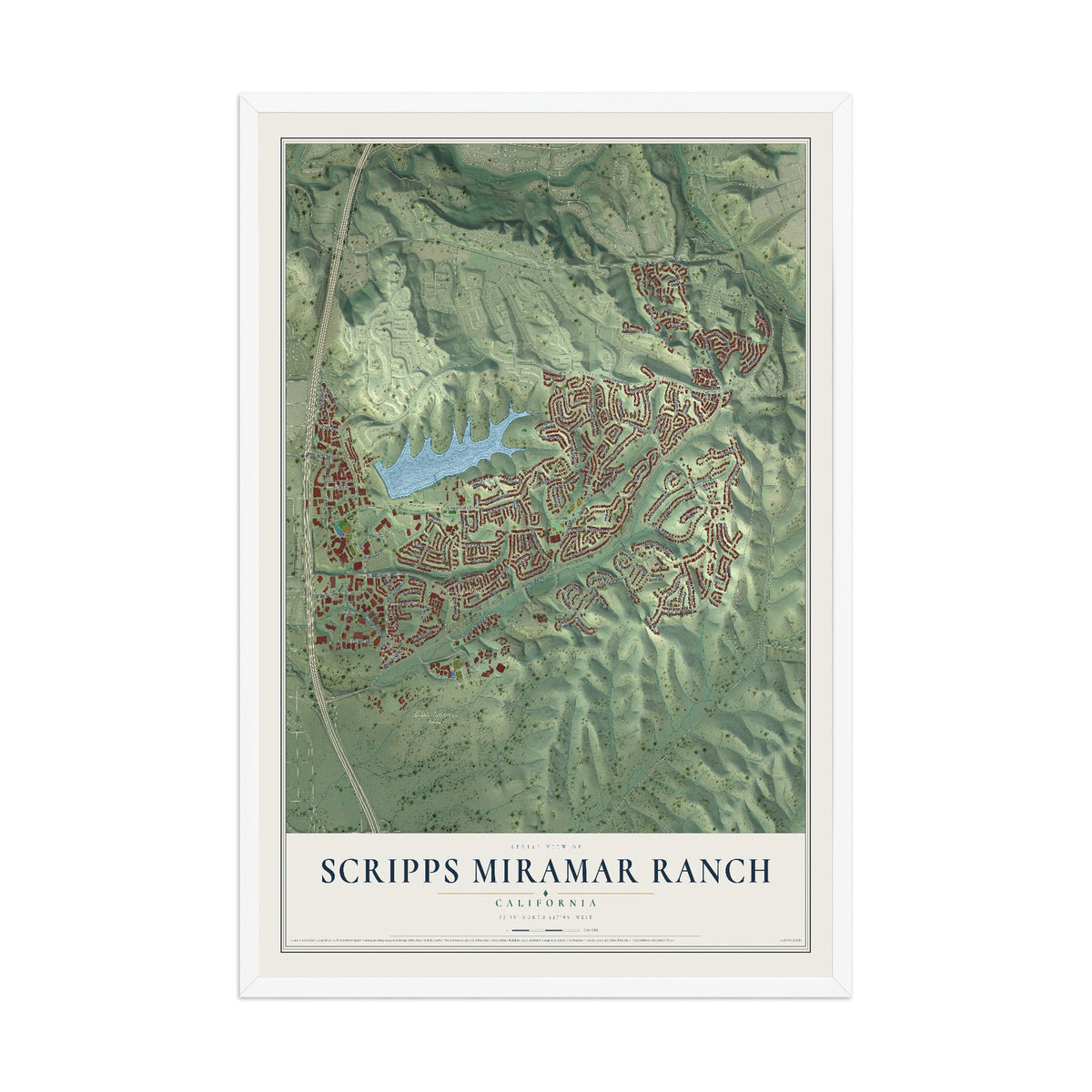 Map of Scripps Miramar Ranch, California, 12 x 18 inch print in a white wood frame