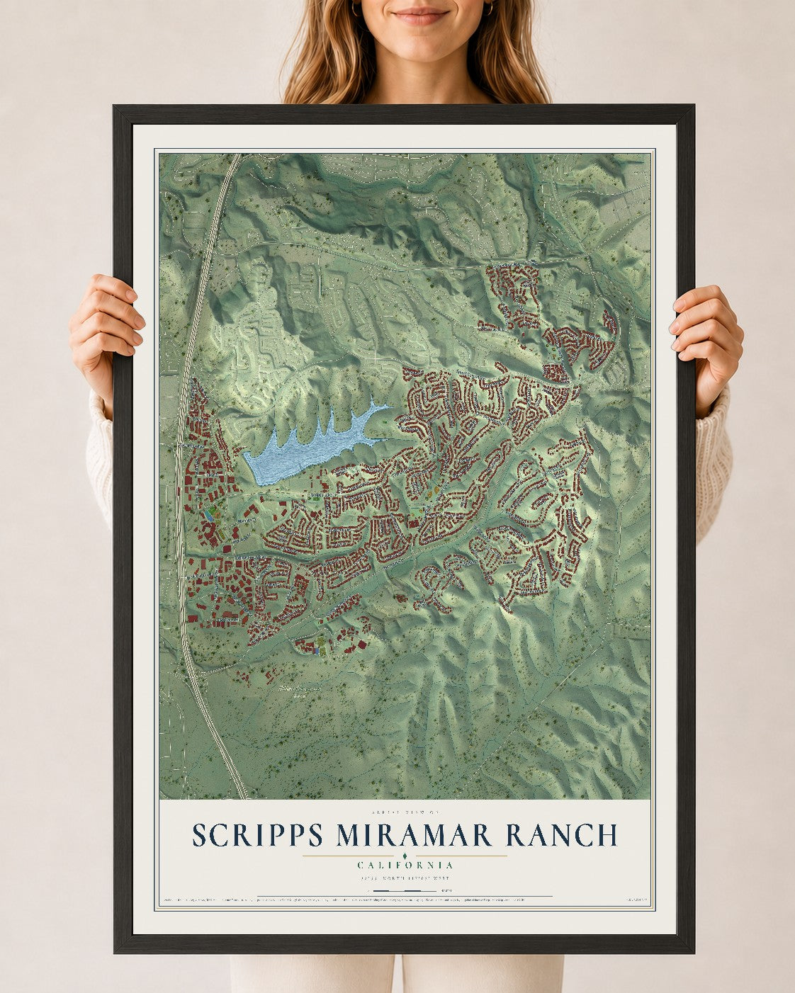 Map of Scripps Miramar Ranch, California, 24 x 36 inch print in a black wood frame