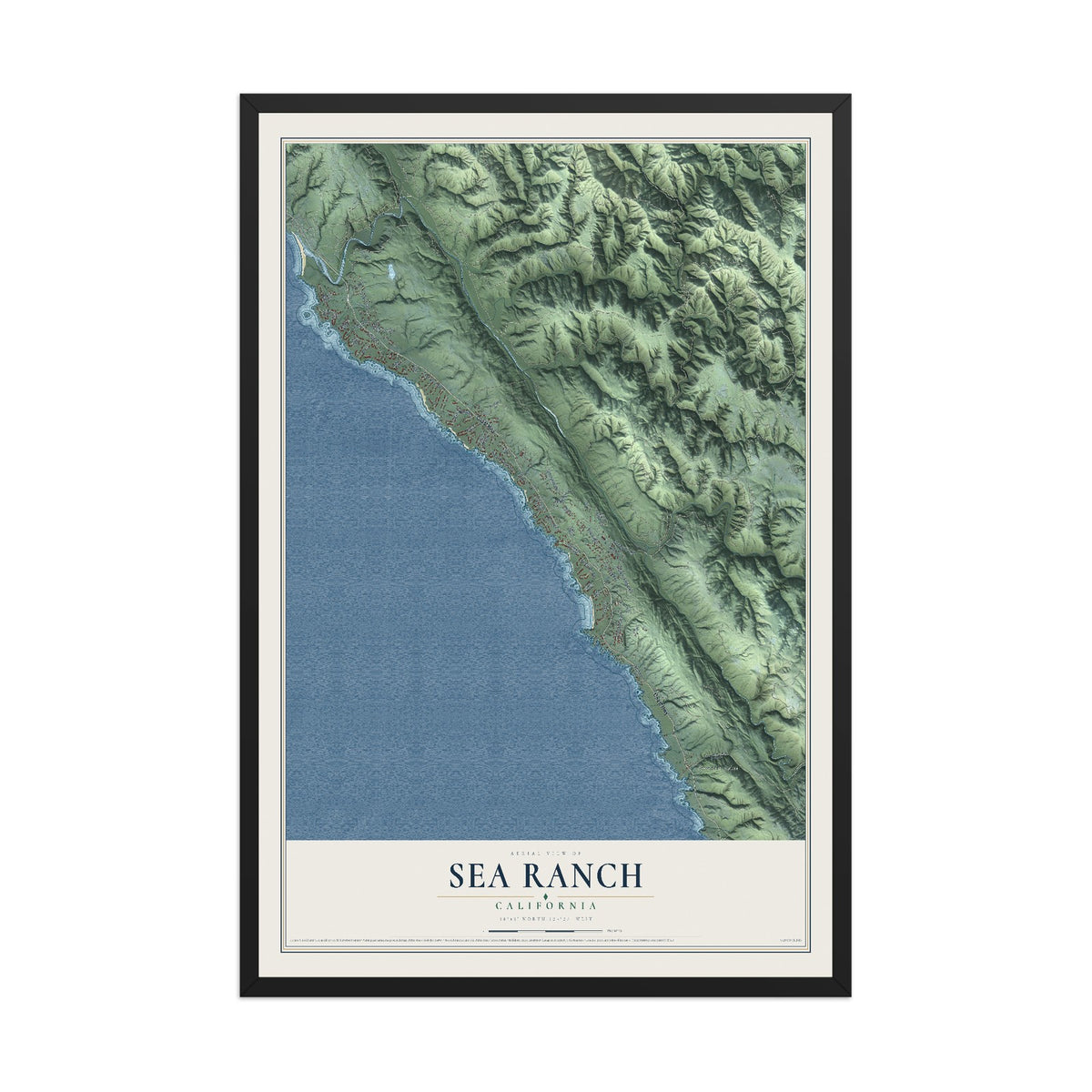 Map of Sea Ranch, California, 12 x 18 inch print in a black wood frame