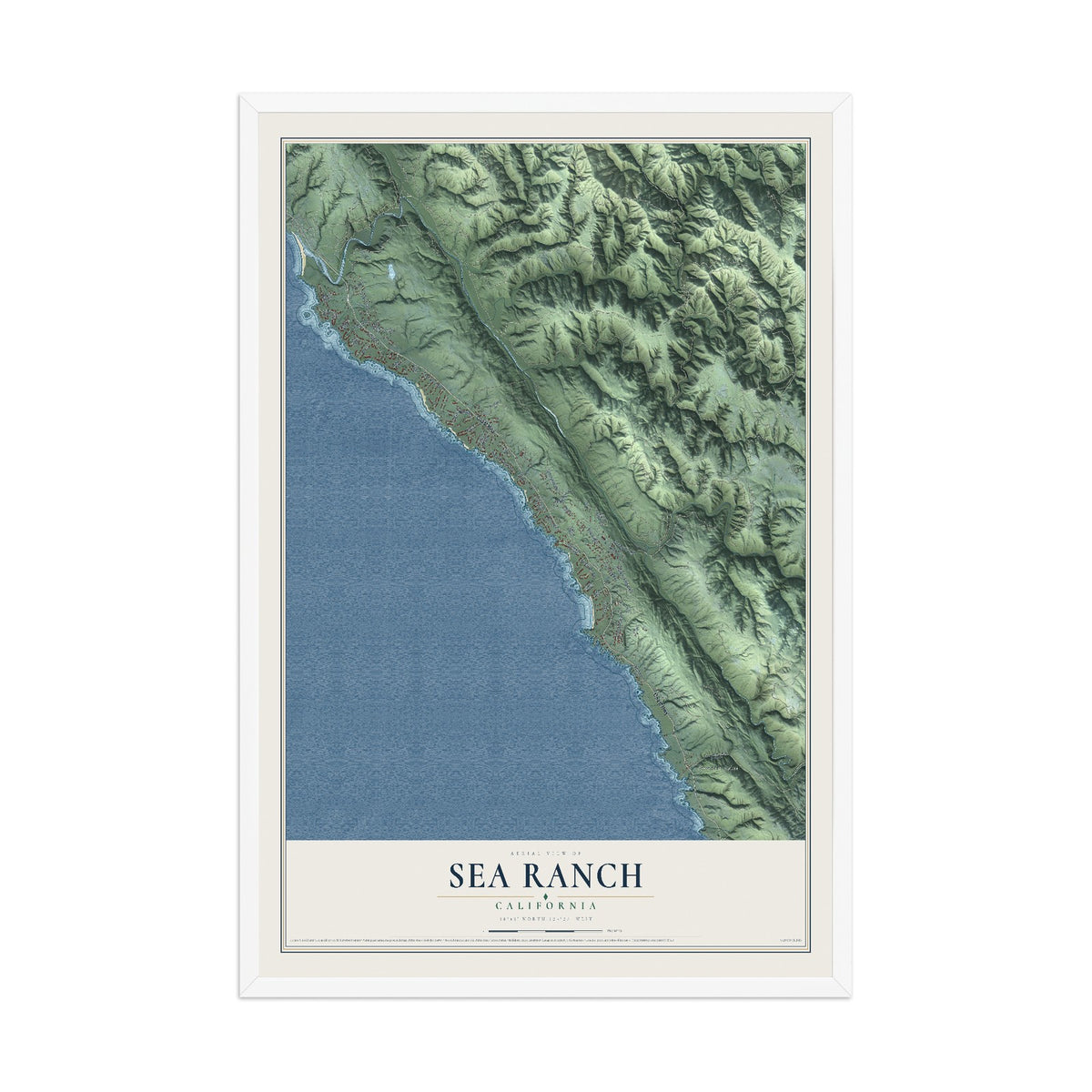 Map of Sea Ranch, California, 12 x 18 inch print in a white wood frame