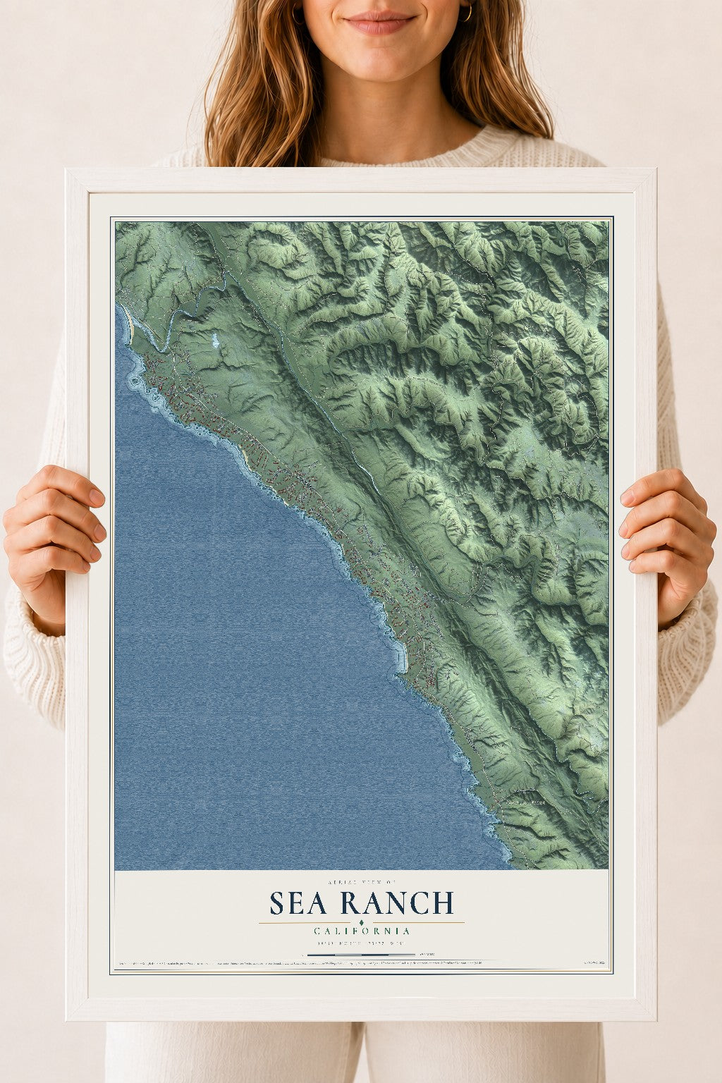 Map of Sea Ranch, California, 18 x 24 inch print in a white wood frame