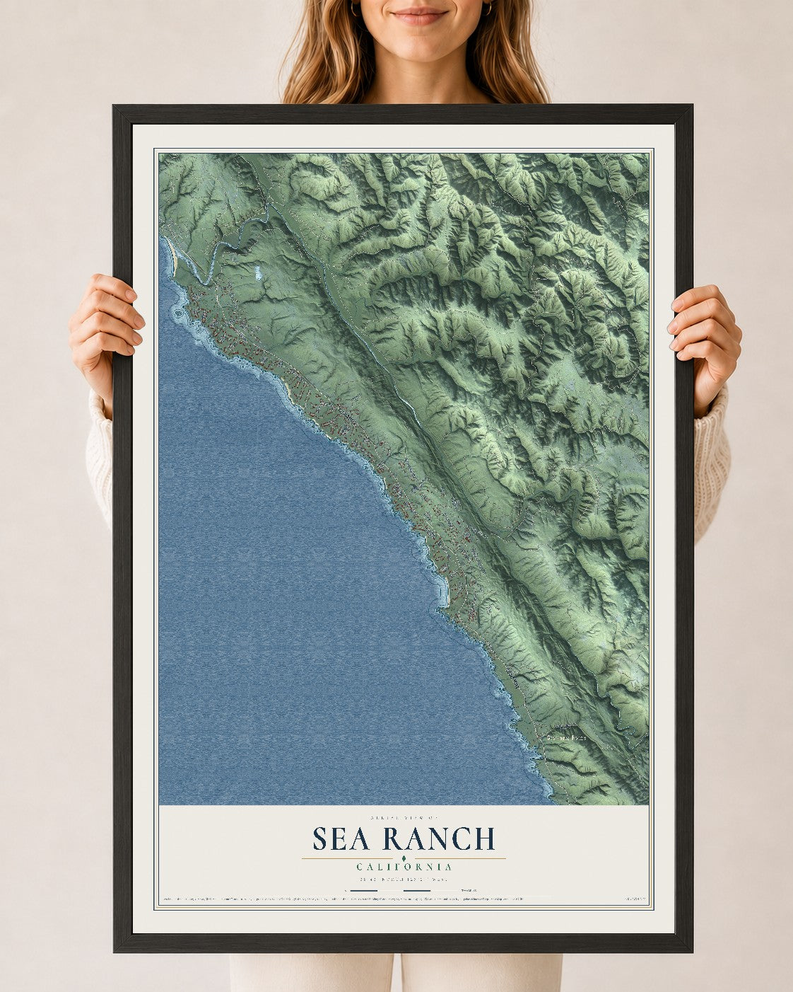 Map of Sea Ranch, California, 24 x 36 inch print in a black wood frame