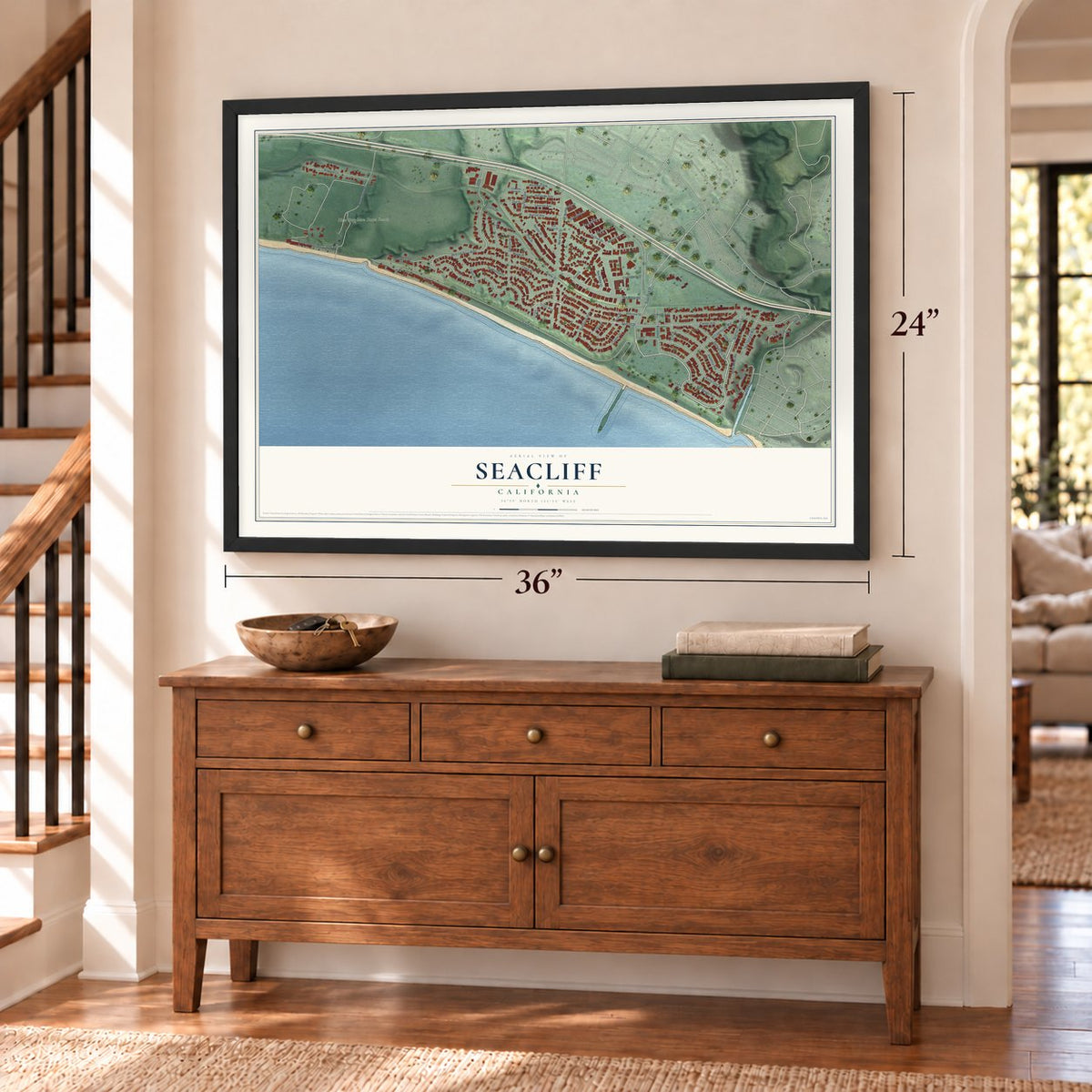 Seacliff, California map, 24 x 36 inch print in a black frame above a dresser by a staircase
