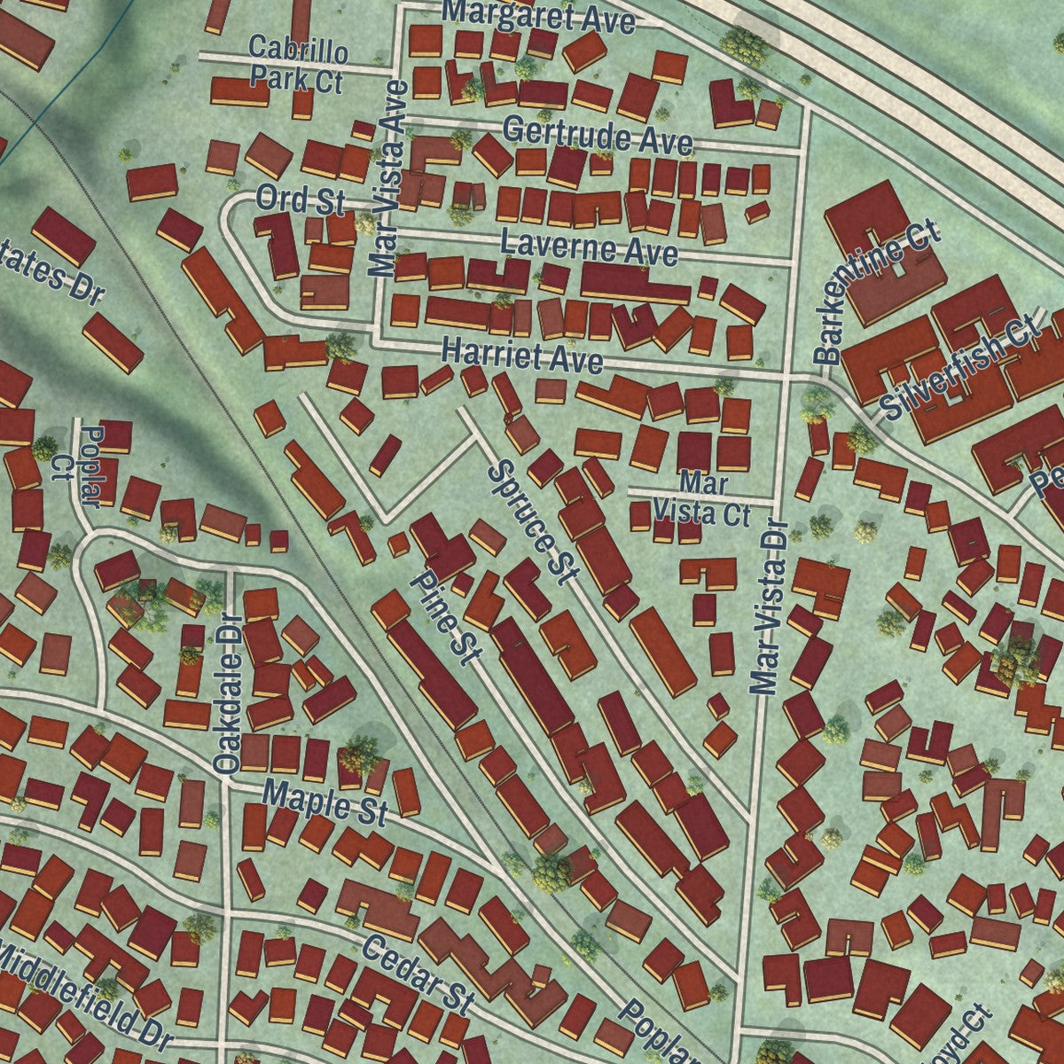 Close-up of the map of Seacliff, California print showing street and building detail