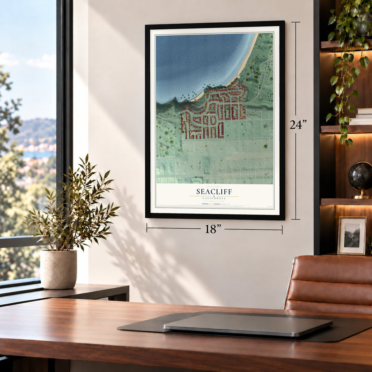 Seacliff, San Francisco, California map, 18 x 24 inch print in a black frame in a home office