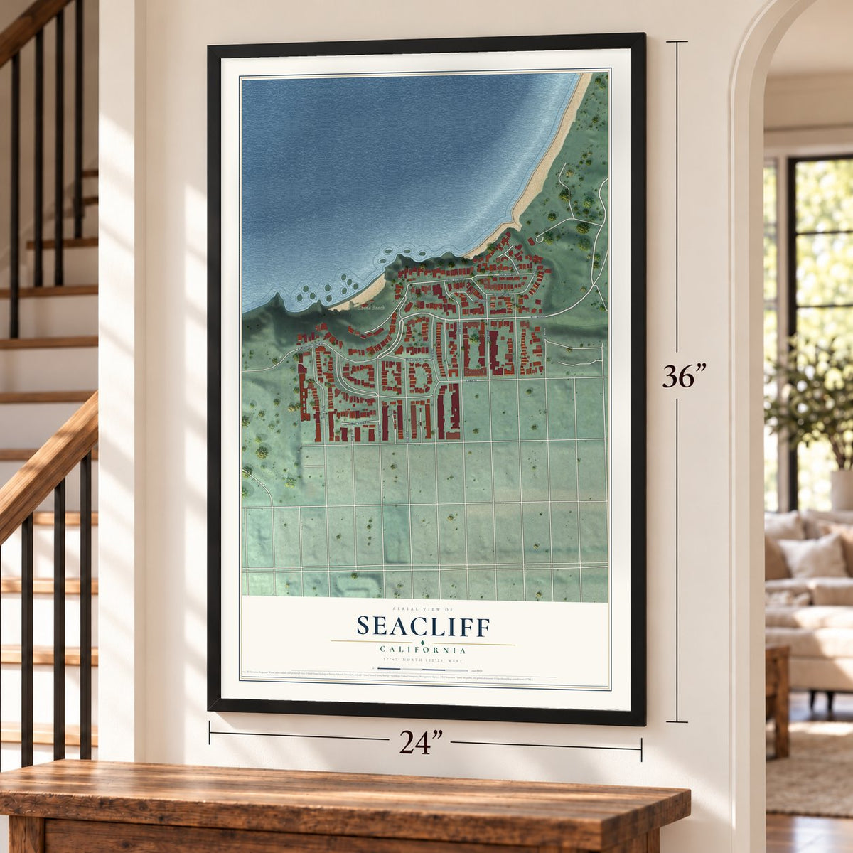 Seacliff, San Francisco, California map, 24 x 36 inch print in a black frame by a staircase