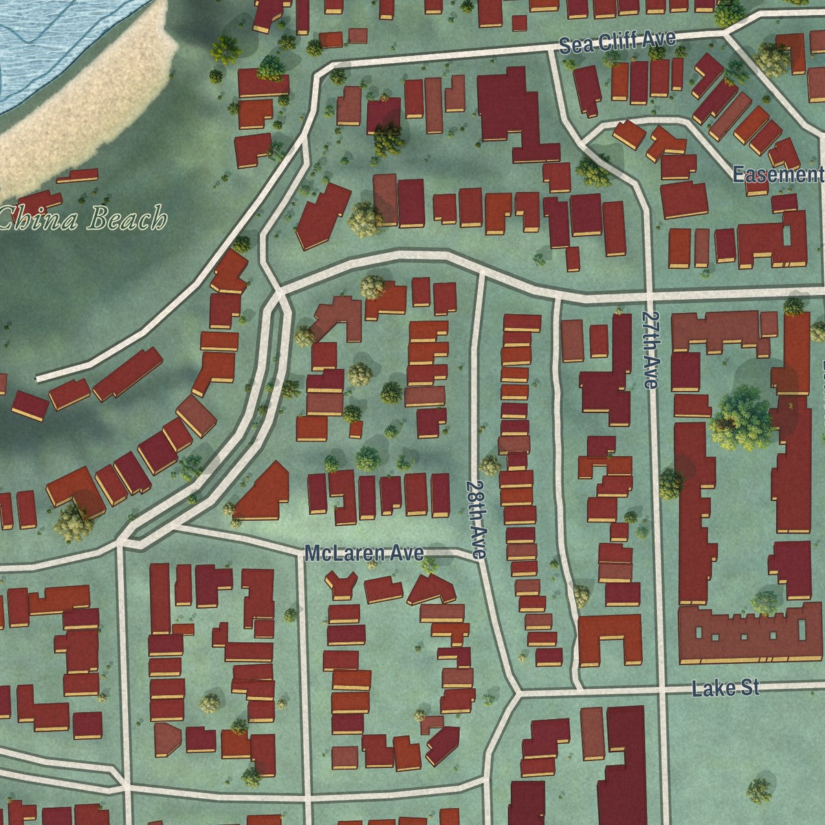 Close-up of the map of Seacliff, San Francisco, California print showing street and building detail